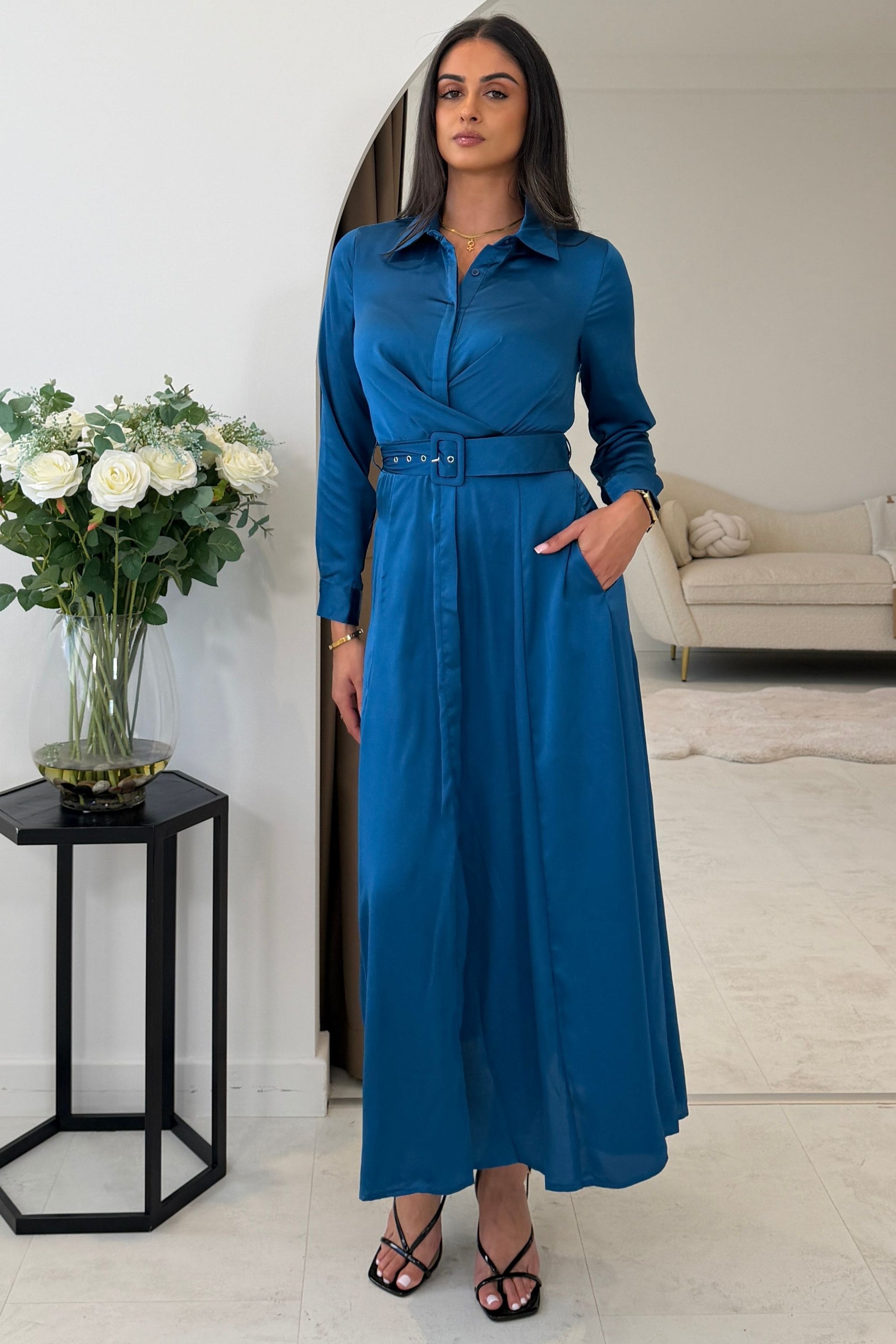 Kira Wrap Detail Maxi Shirt Dress In Petrol Blue