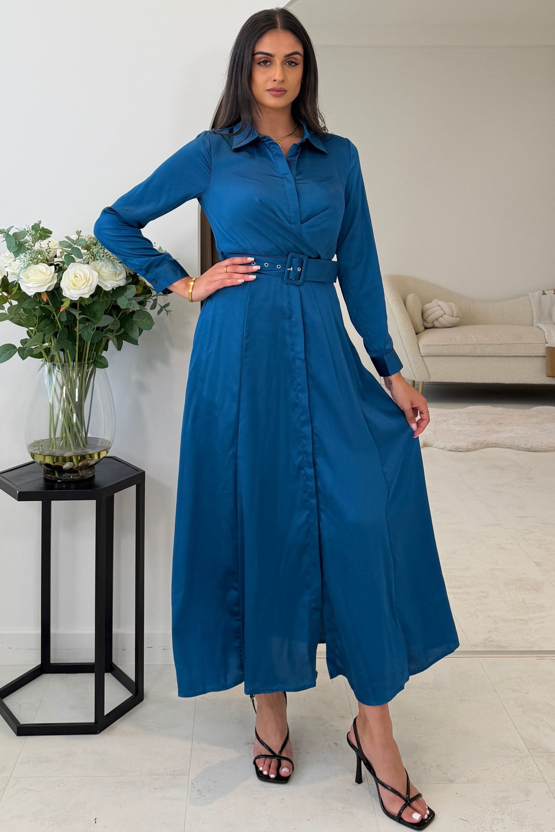 Kira Wrap Detail Maxi Shirt Dress In Petrol Blue