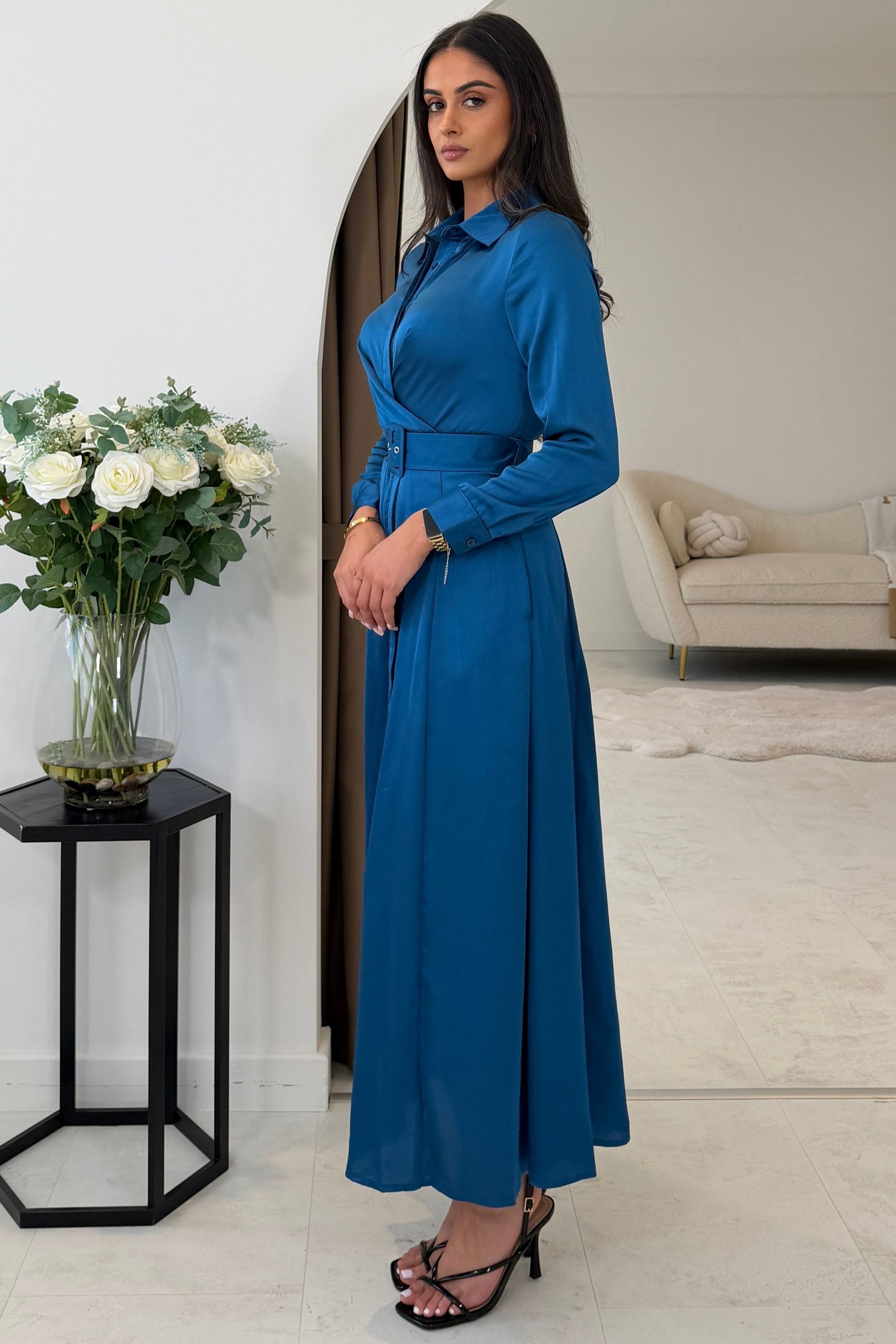 Kira Wrap Detail Maxi Shirt Dress In Petrol Blue