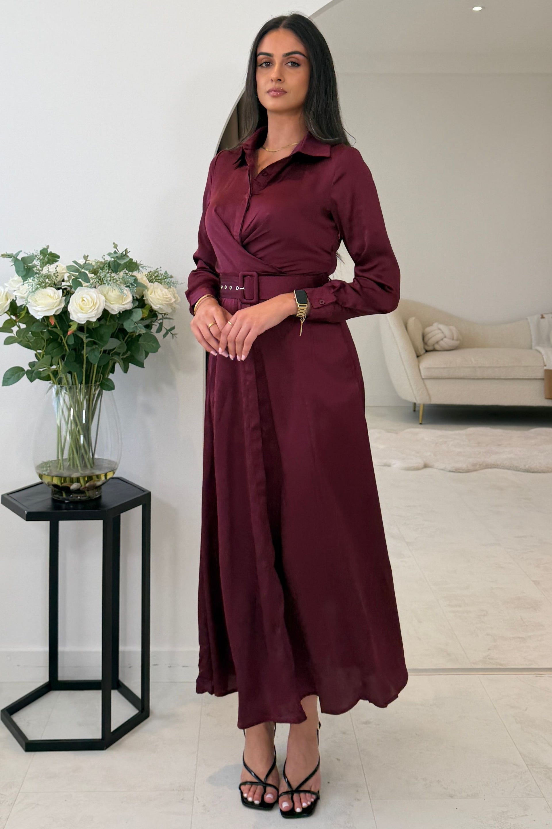 Kira Wrap Detail Maxi Shirt Dress Wine