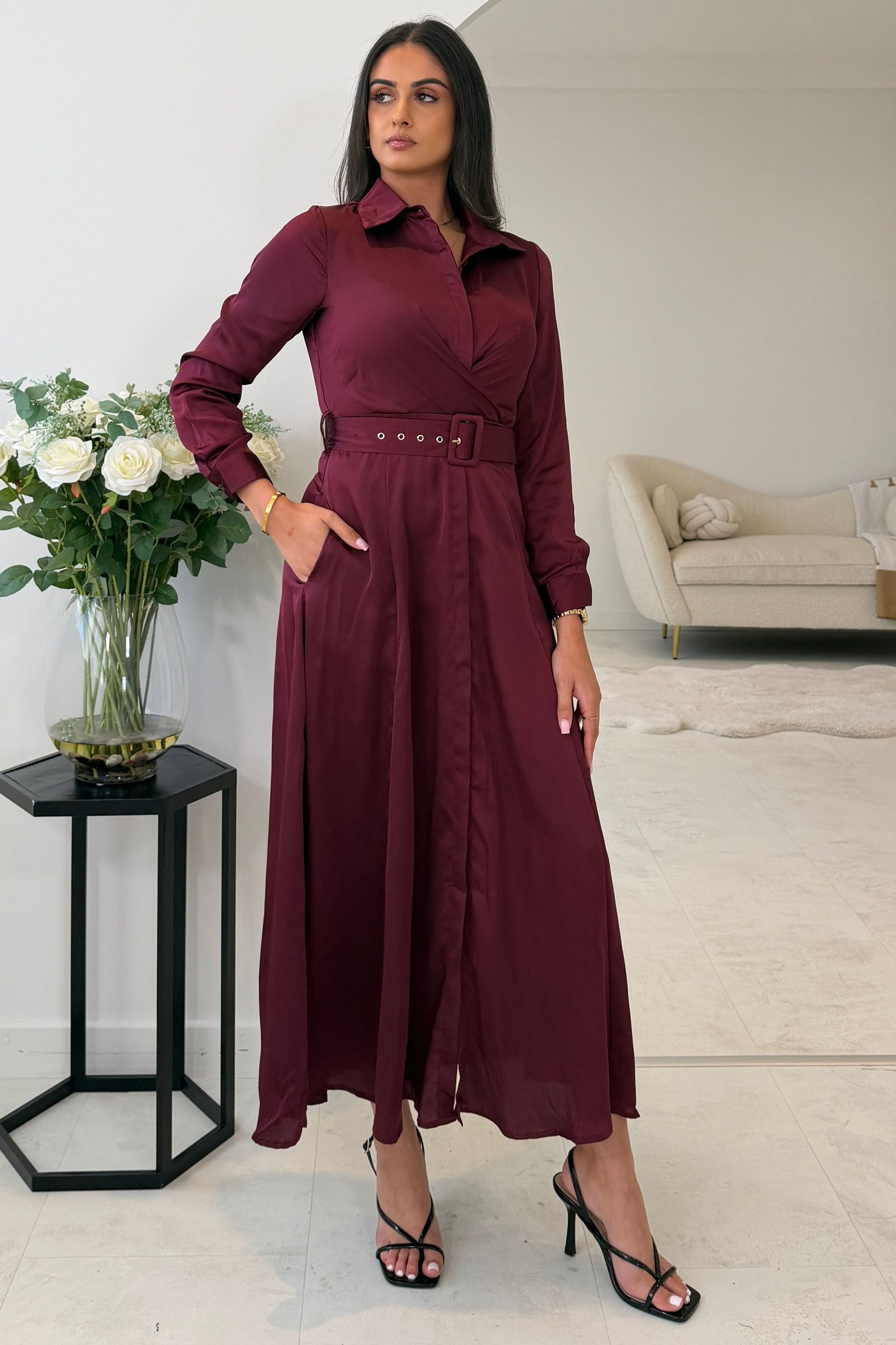 Kira Wrap Detail Maxi Shirt Dress Wine