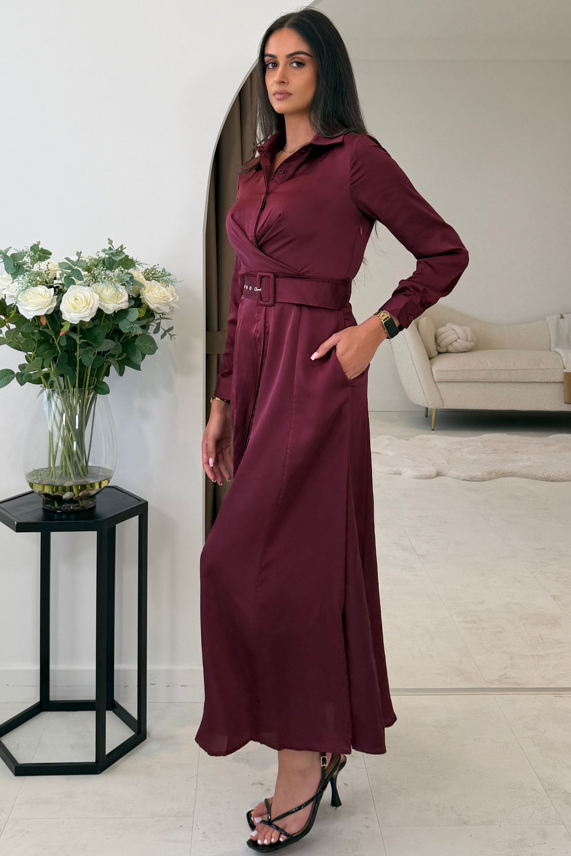 Kira Wrap Detail Maxi Shirt Dress Wine