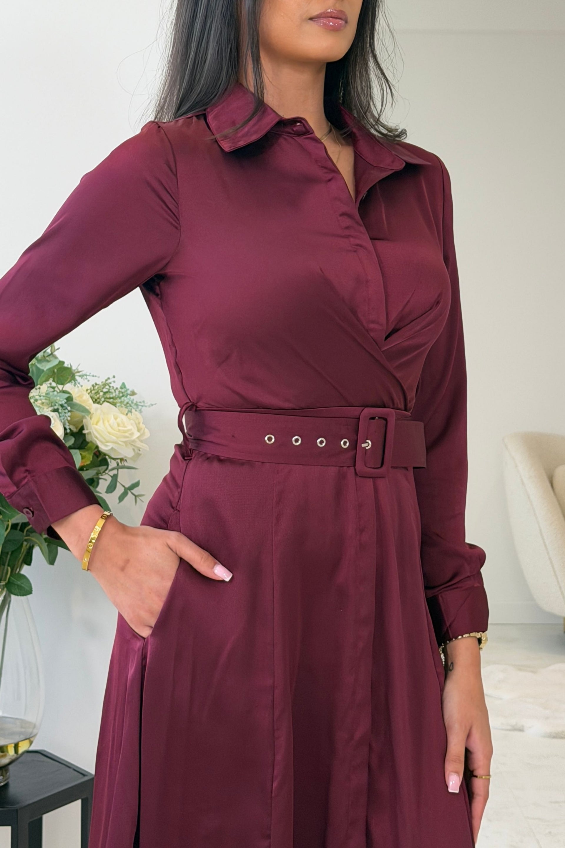 Kira Wrap Detail Maxi Shirt Dress Wine