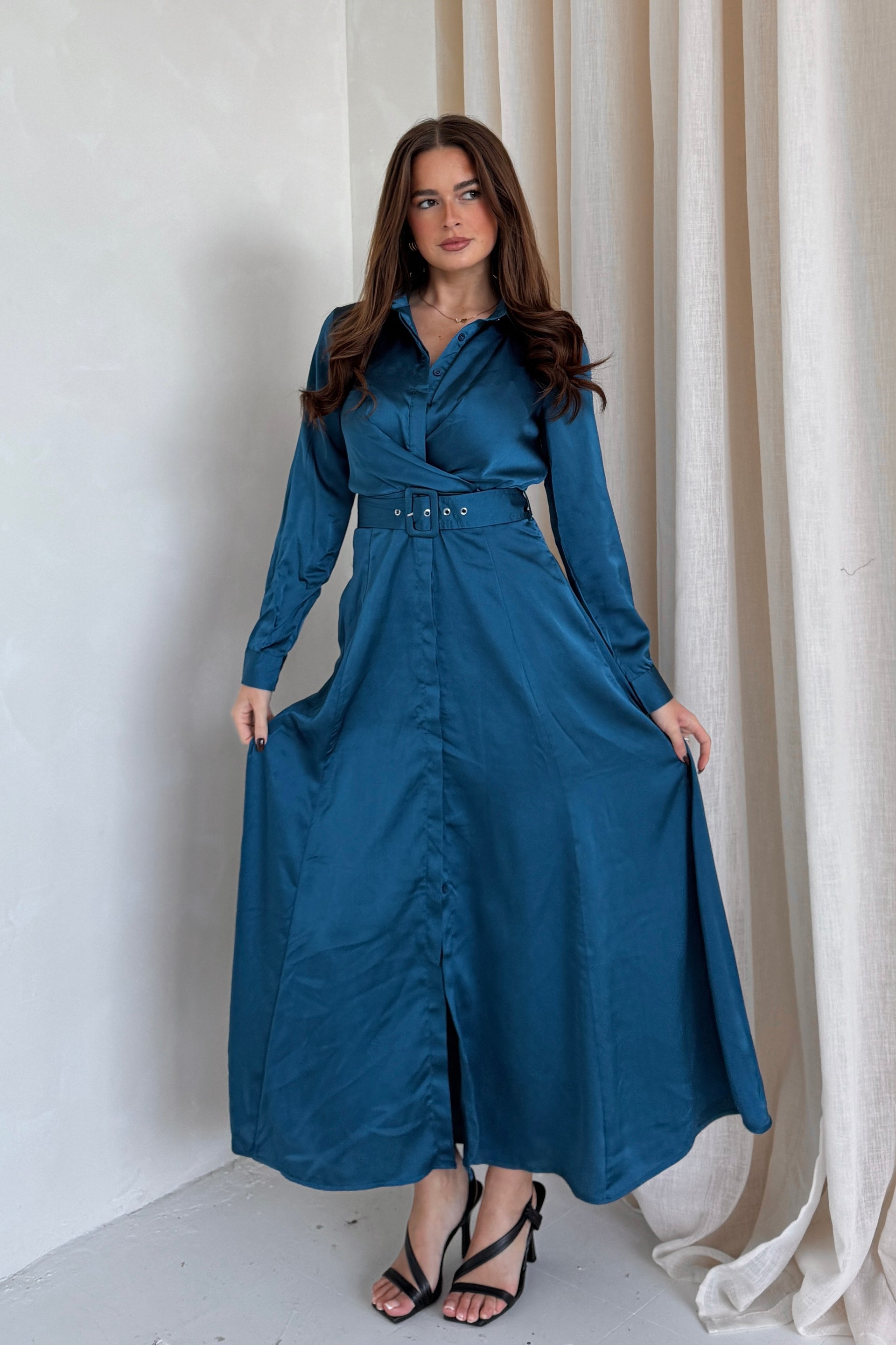 Kira Wrap Detail Maxi Shirt Dress In Petrol Blue