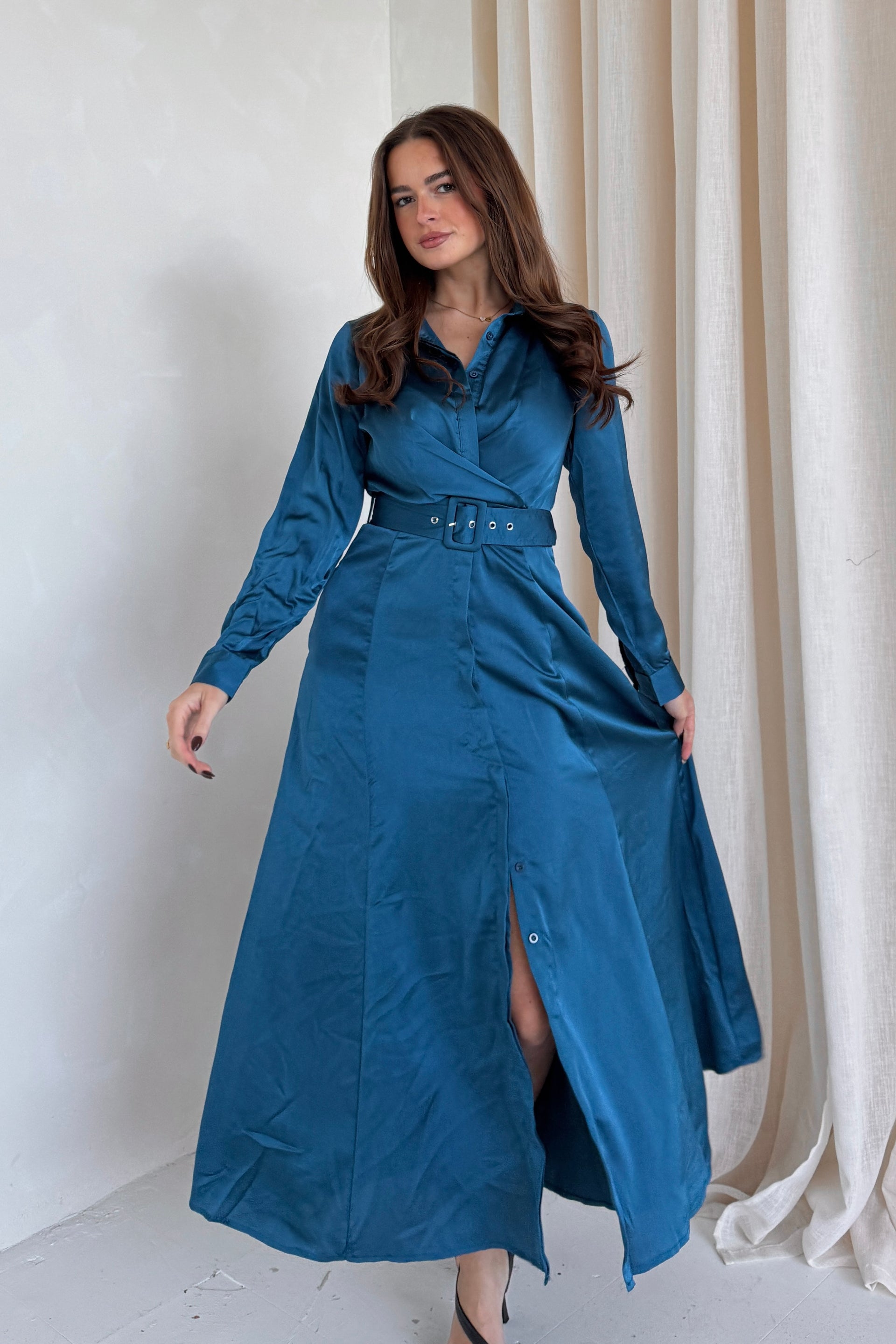 Kira Wrap Detail Maxi Shirt Dress In Petrol Blue
