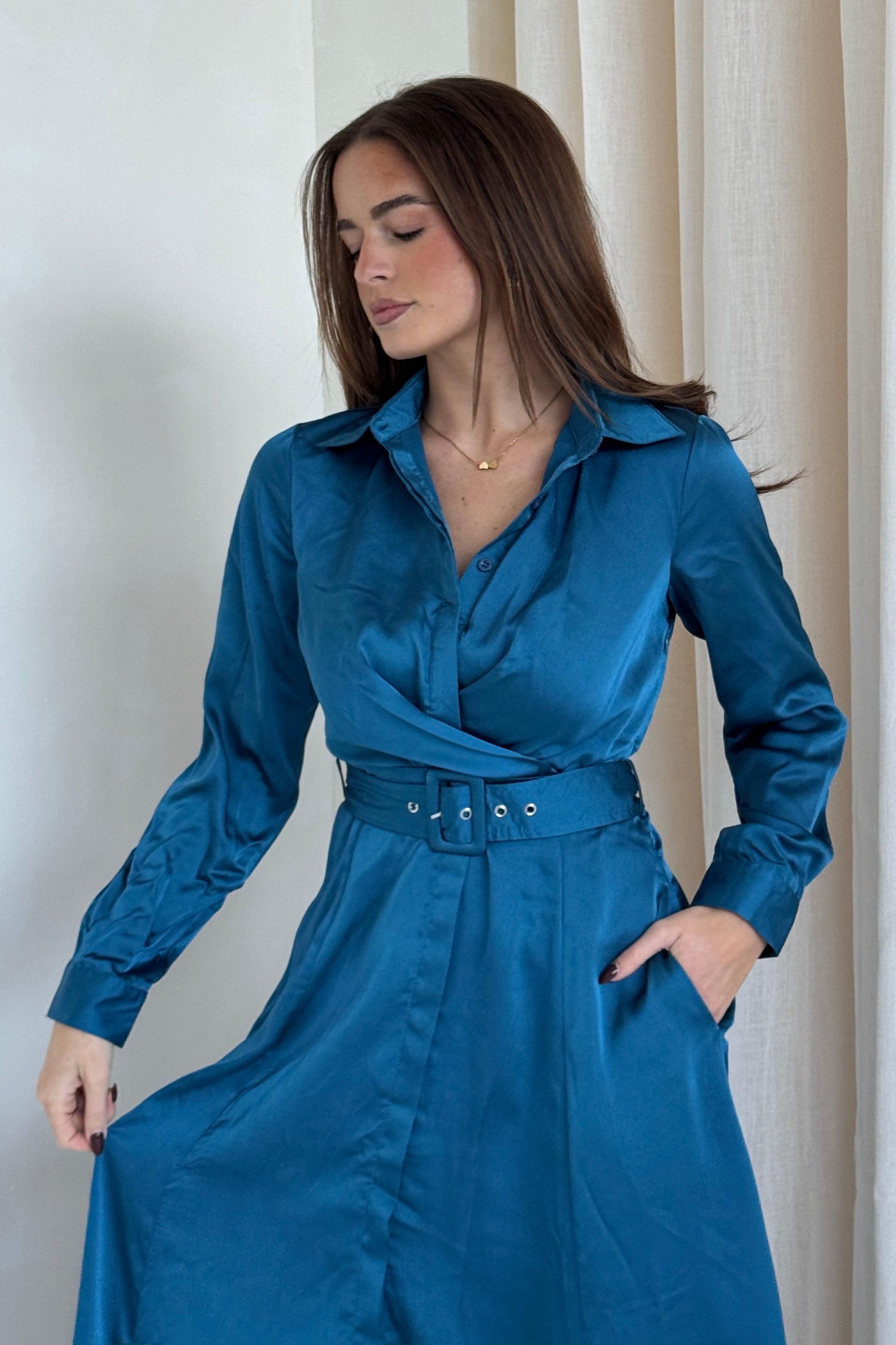 Kira Wrap Detail Maxi Shirt Dress In Petrol Blue