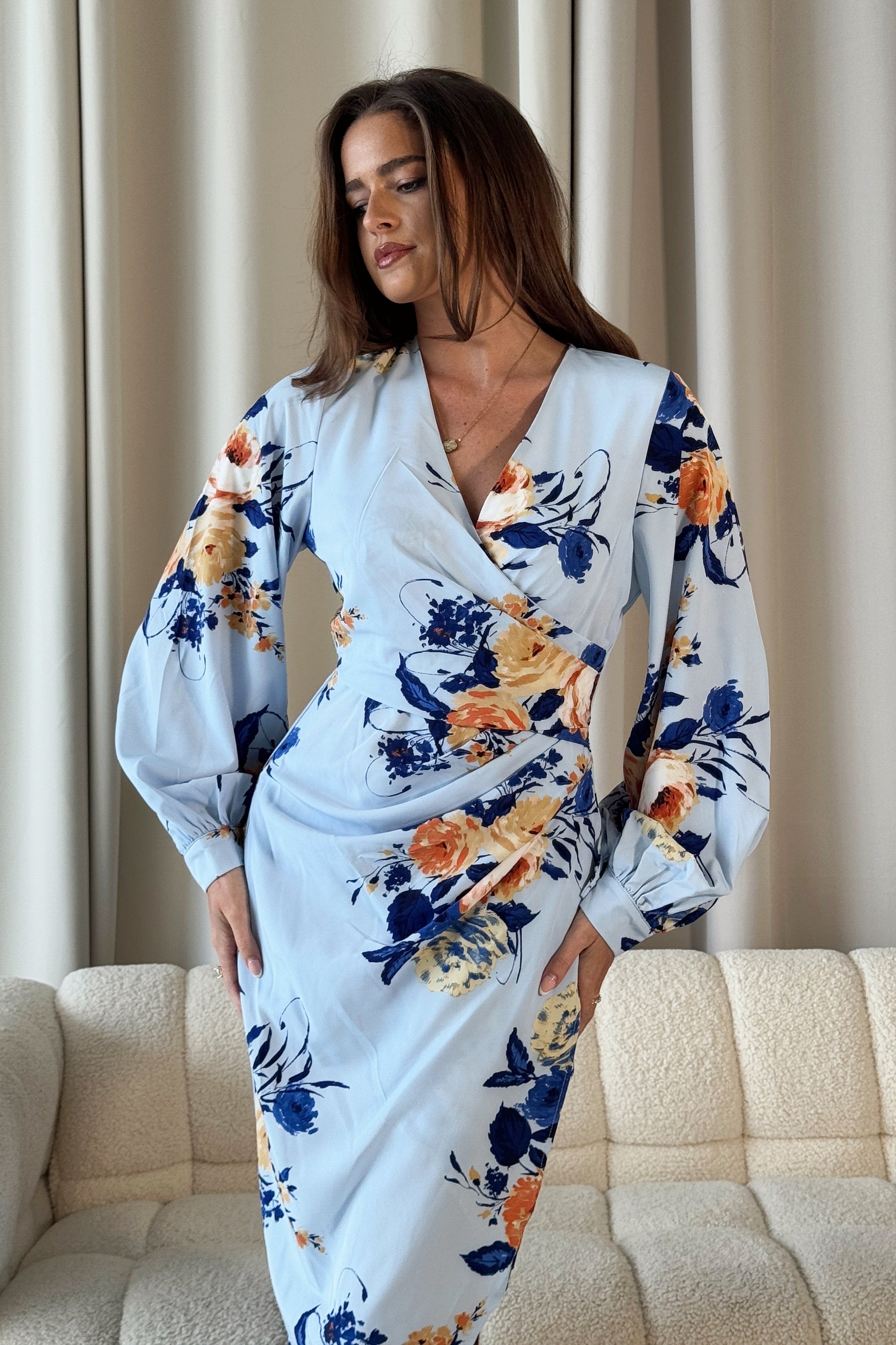 Elsa Sky Blue Floral Wrap Asymmetric Midi Dress Girl In Mind Elsa Sky Blue Floral Wrap Asymmetric Midi Dress Girl In Mind