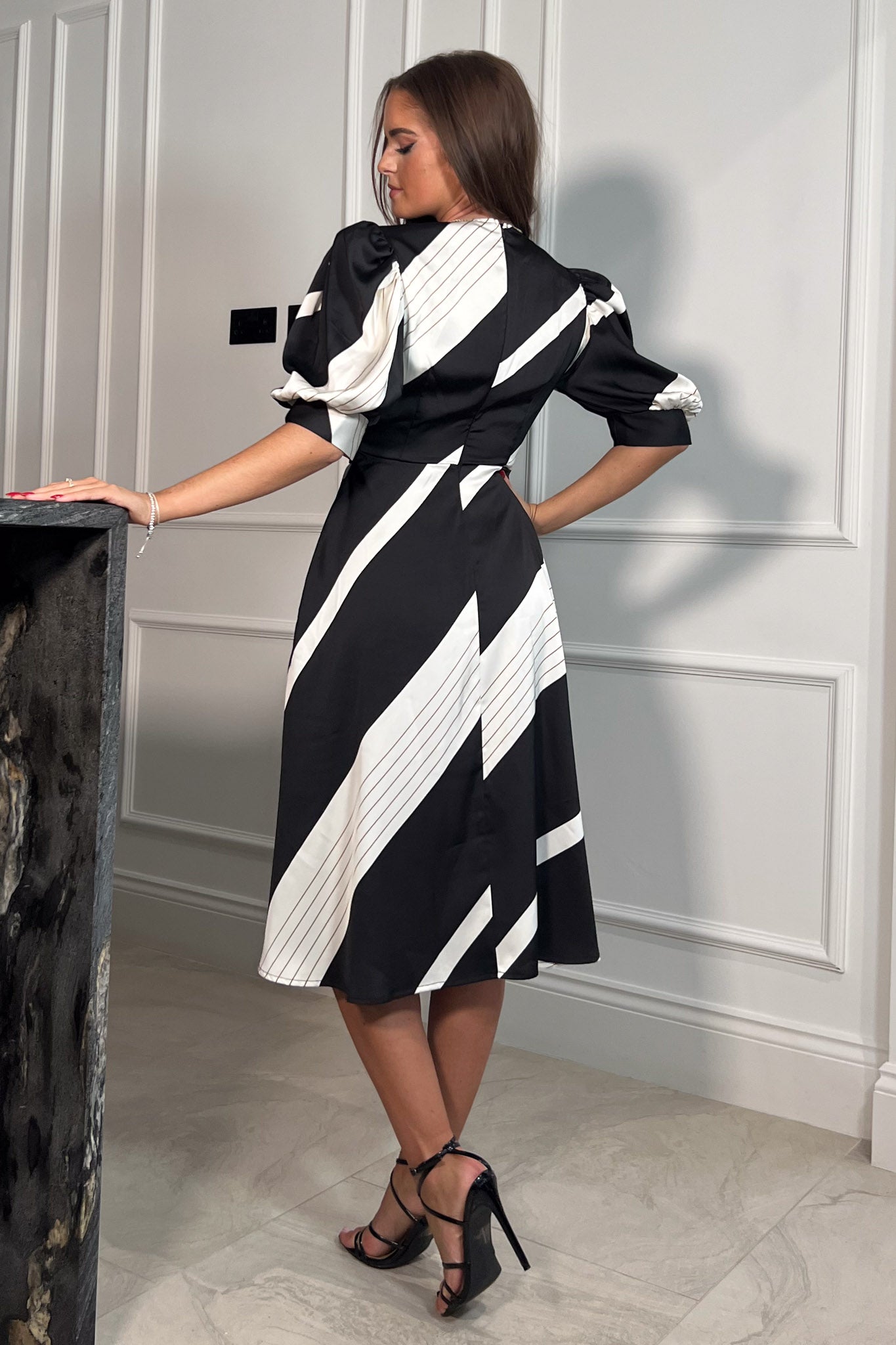 Nadine Black and White Wrap Detail Midi Dress