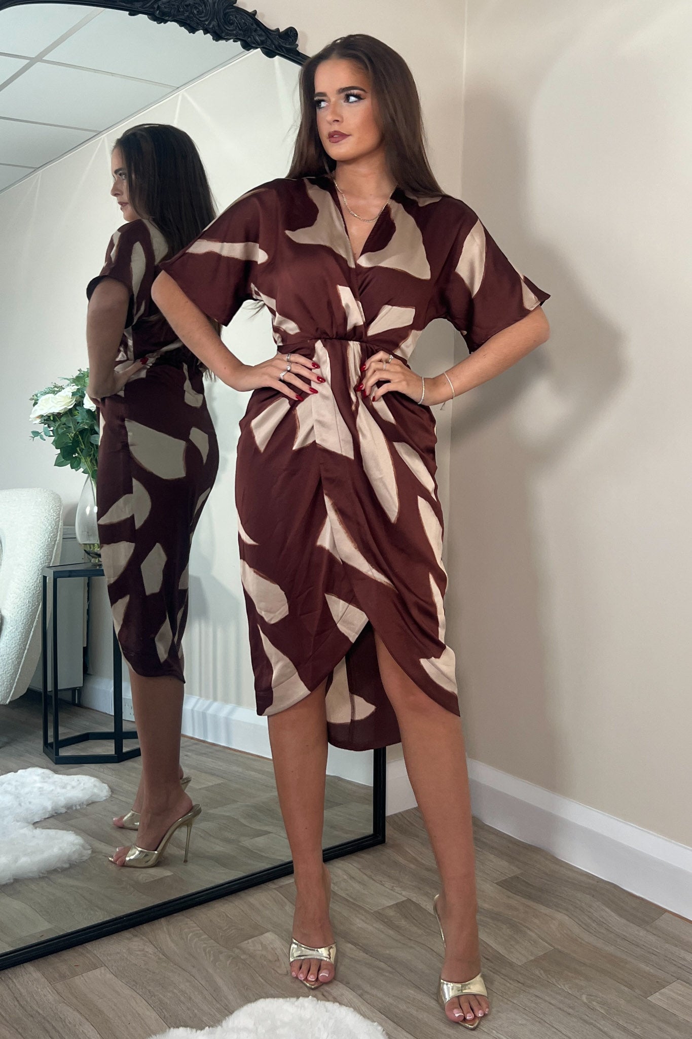 Chelsea Wrap Detailing Midi Dress Brown