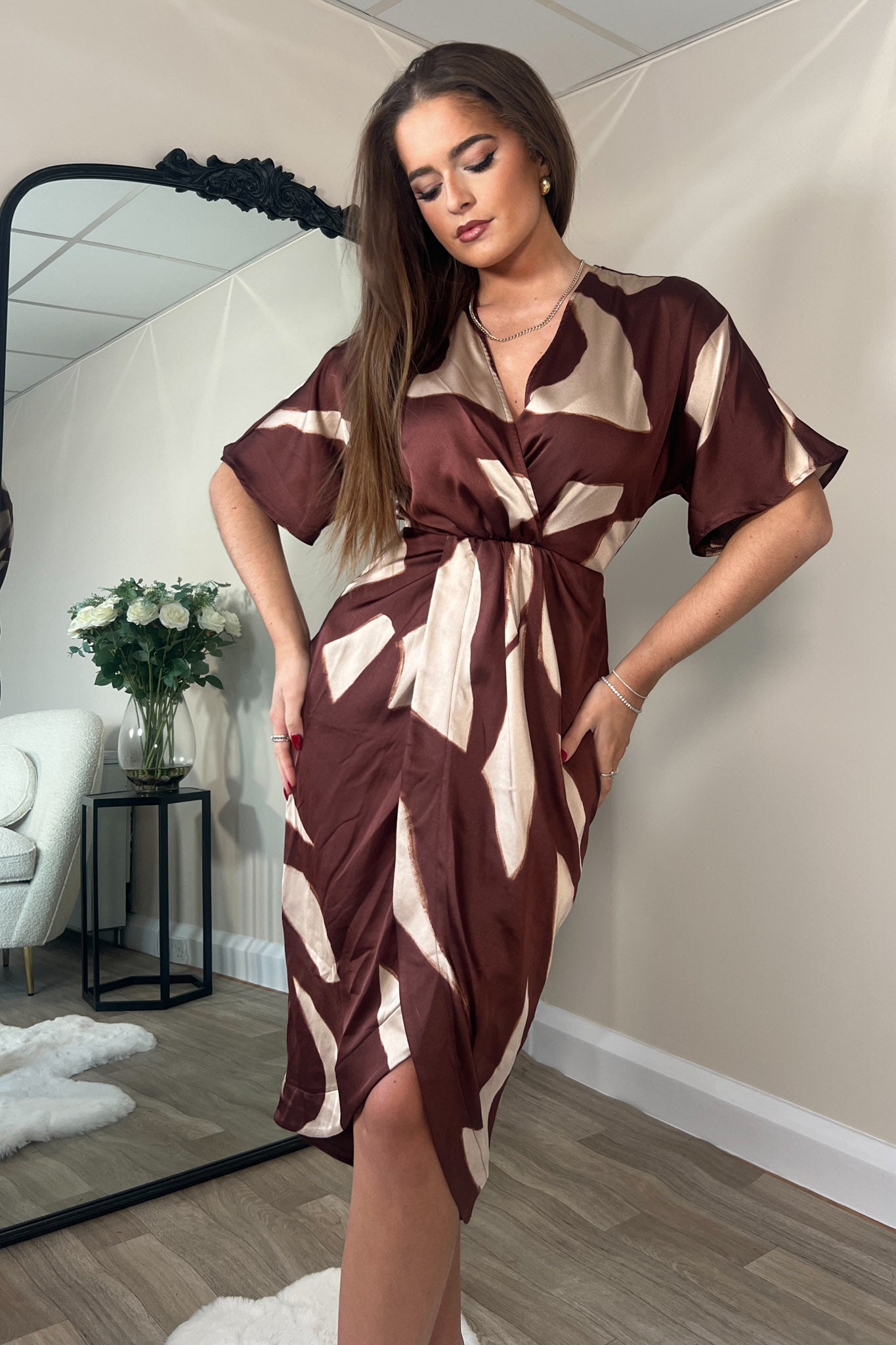 Chelsea Wrap Detailing Midi Dress Brown