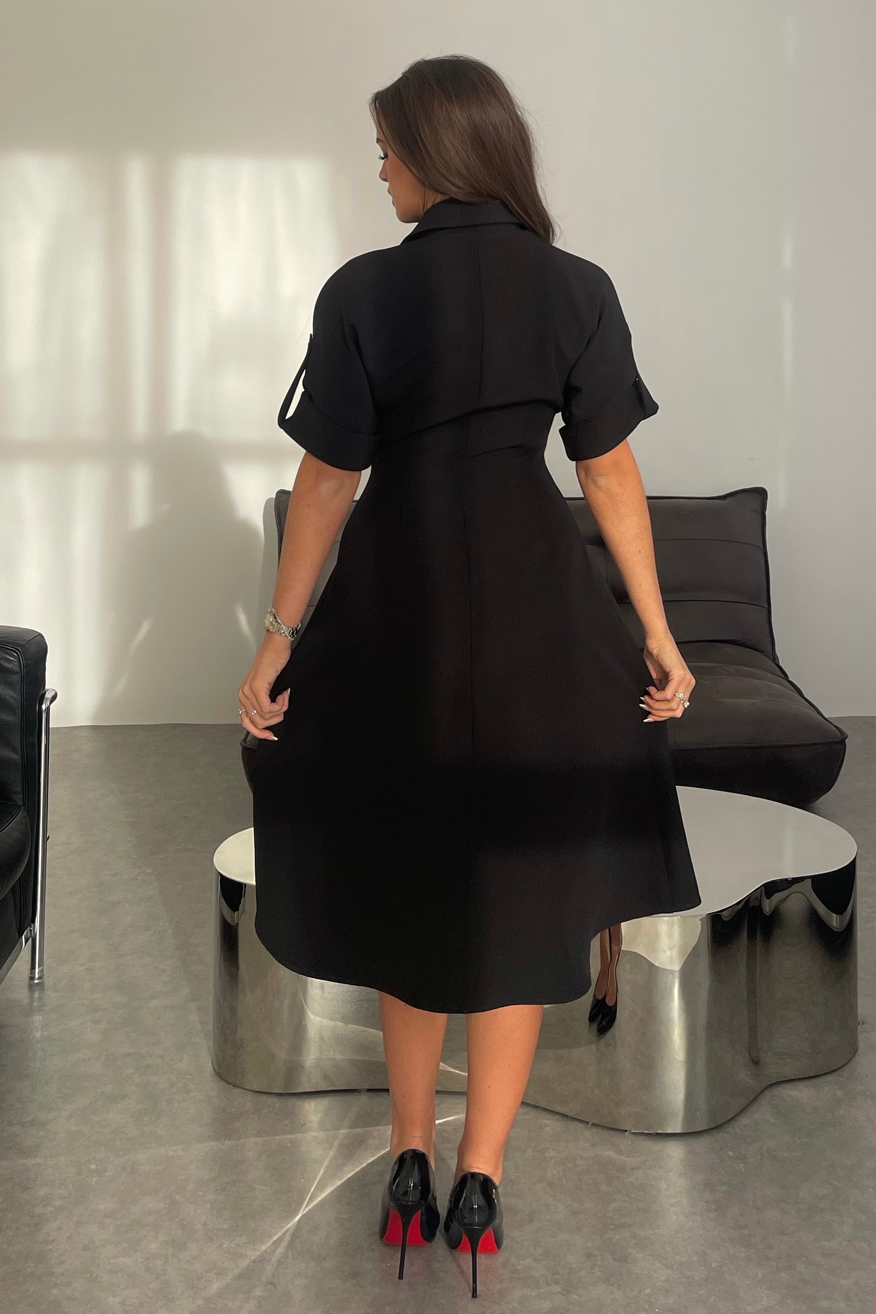 Porscha Black Pleated Midi Shirt Dress
