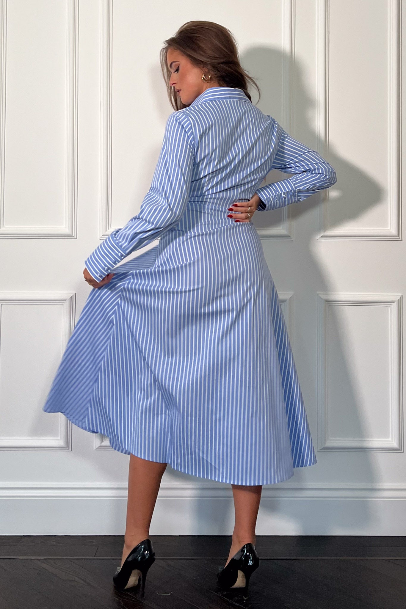 Isabella Blue Pin Stripe Tie Front Shirt Dress