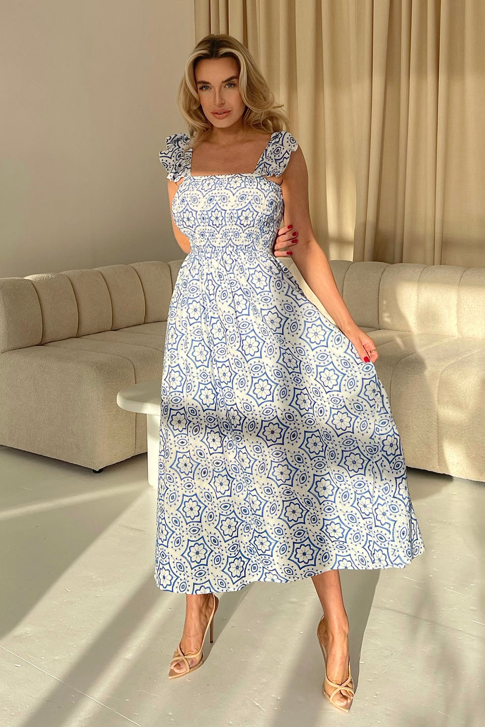 Lara Blue and White Broderie Anglaise Maxi Dress