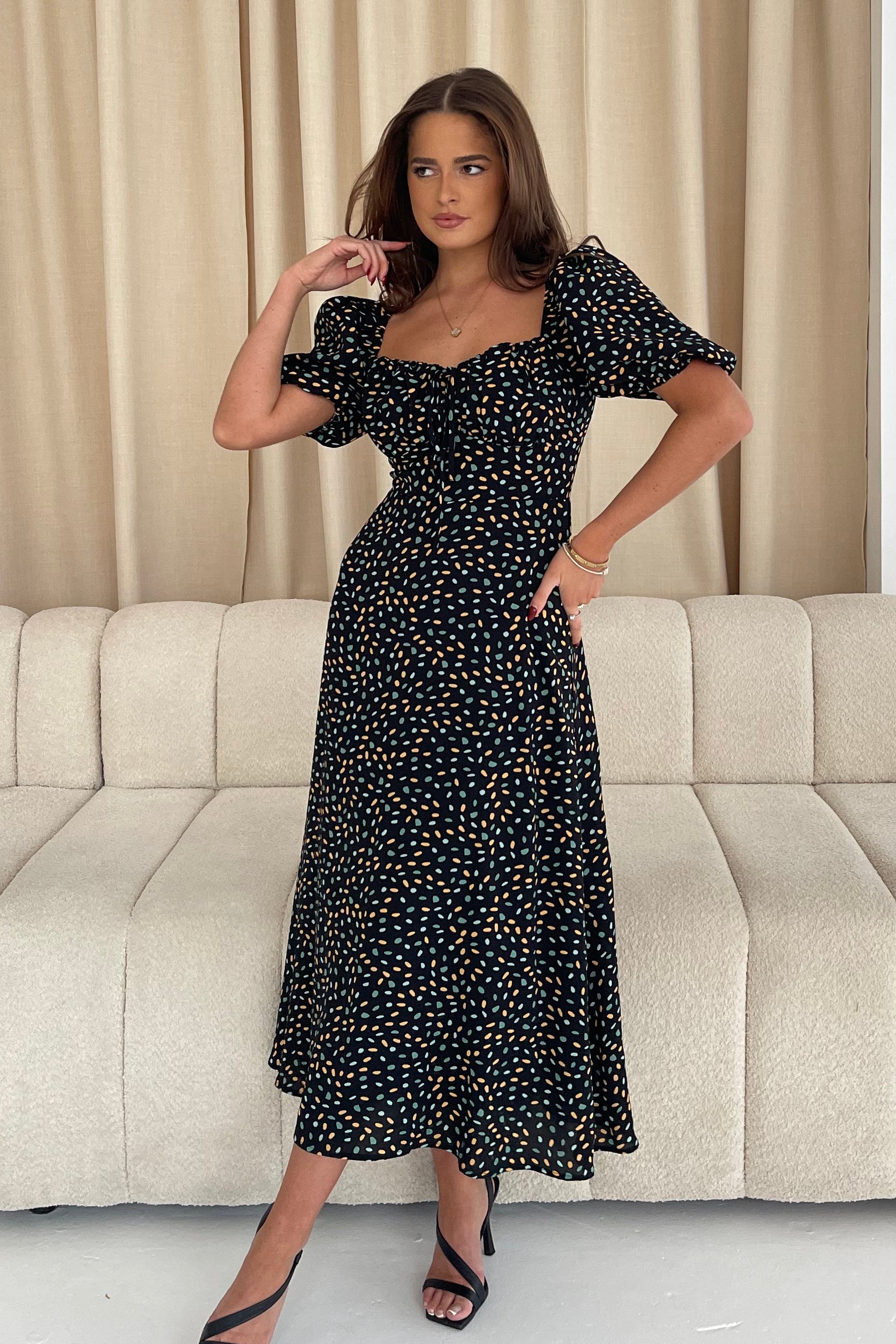 Jemima Square Neck Midi Dress Black Multi – Girl In Mind Jemima Square Neck Midi Dress Black Multi – Girl In Mind