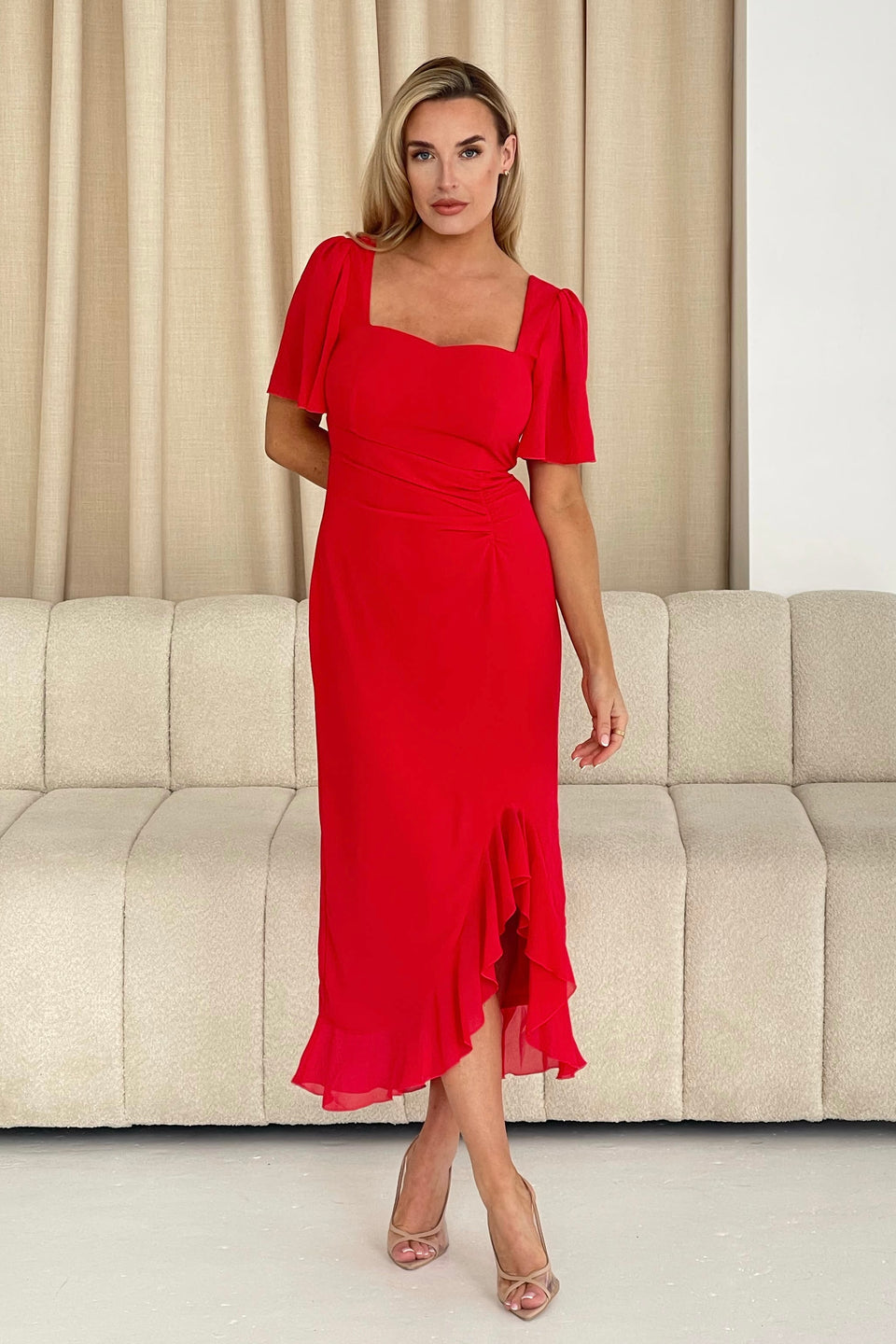 Heidi Red Ruched Midi Dress
