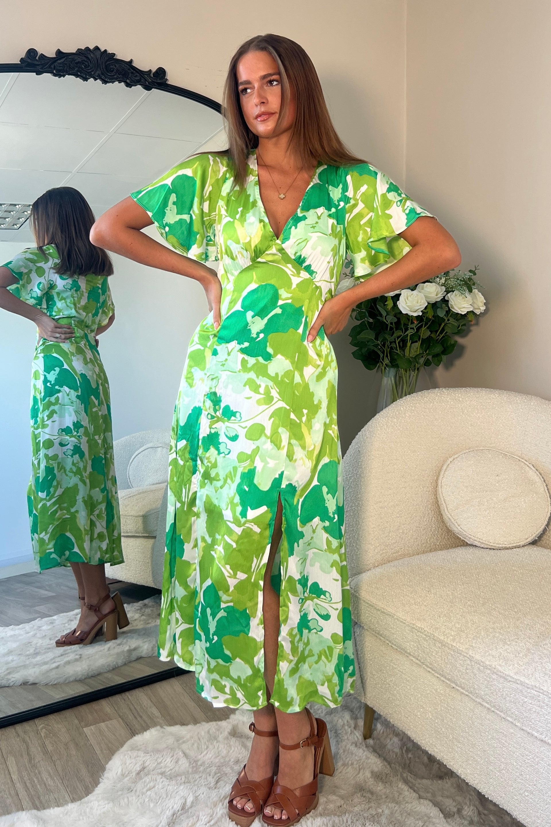 Levi Green Leaf Angel Sleeve Split Leg Midi Dress