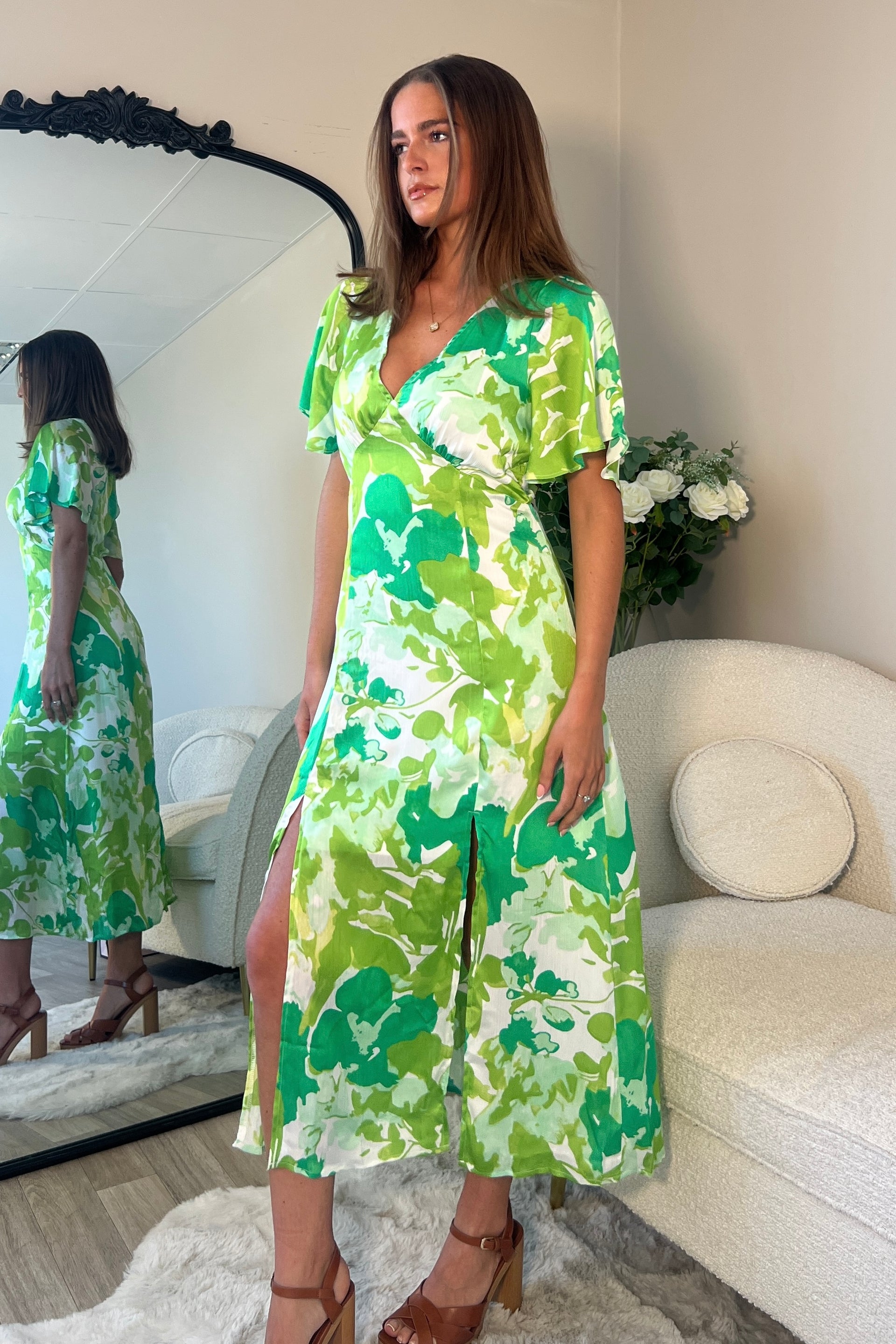 Levi Green Leaf Angel Sleeve Split Leg Midi Dress Girl In Mind Levi Green Leaf Angel Sleeve Split Leg Midi Dress Girl In Mind