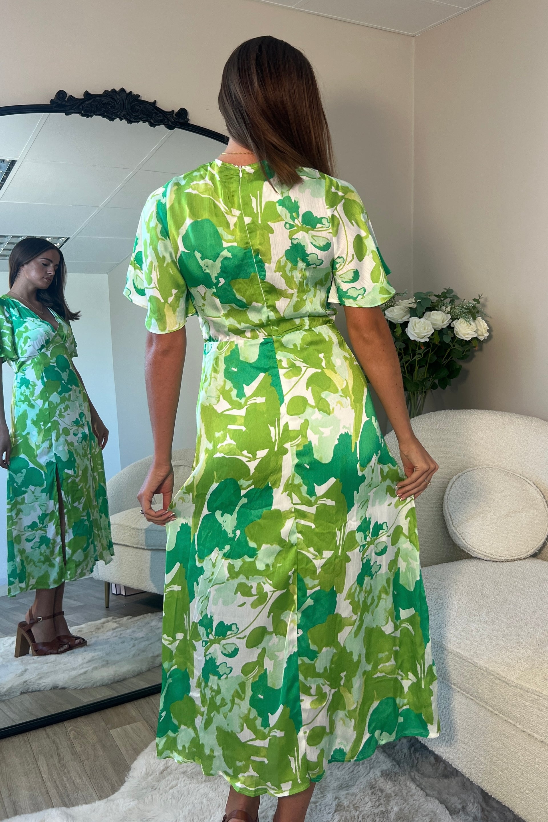 Levi Green Leaf Angel Sleeve Split Leg Midi Dress