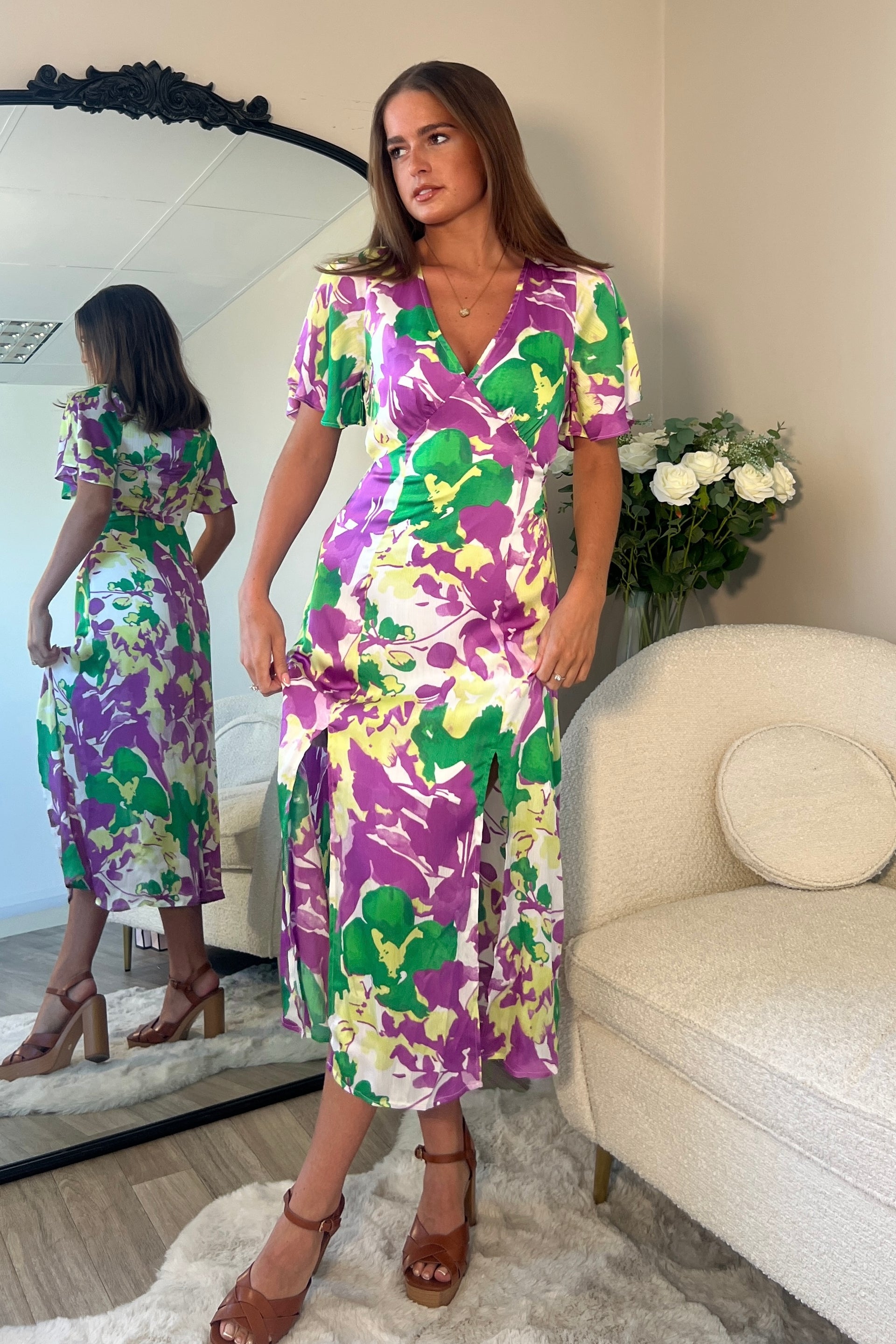 Levi Purple Angel Sleeve Split Leg Midi Dress