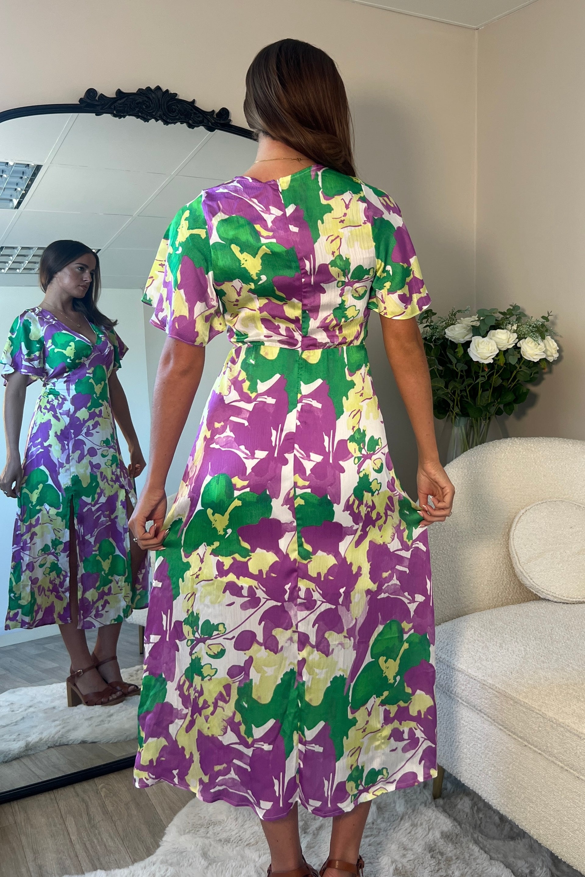 Levi Purple Angel Sleeve Split Leg Midi Dress