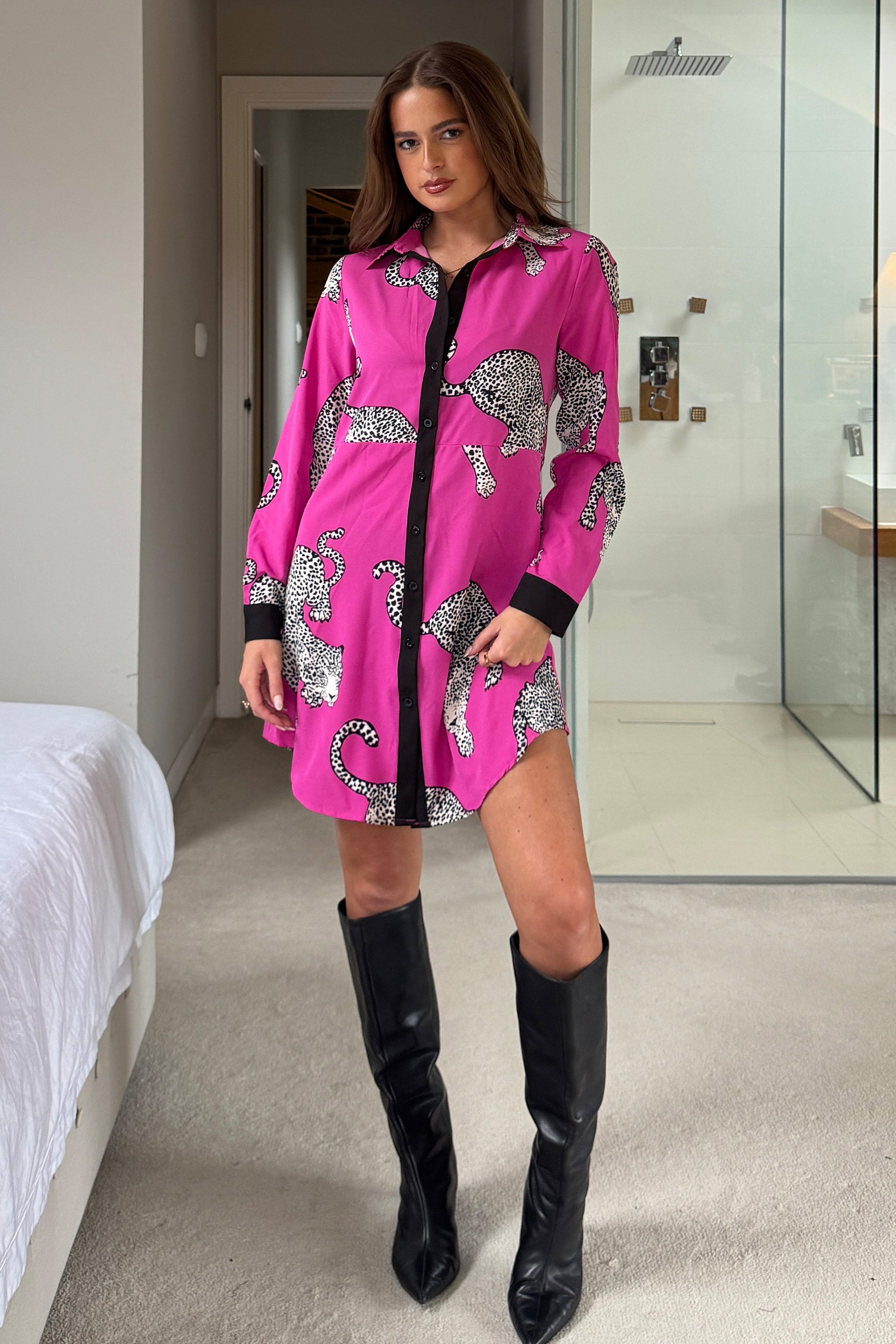 pink cheetah print dress SHEIN Frenchy Women Leopard Standup Collar Long Sleeve Casual Mini Dress, Autumn Winter Thanks Giving Vacation Spring Holiday Resort Maxi Dress Occasion pink cheetah dress Elvira x