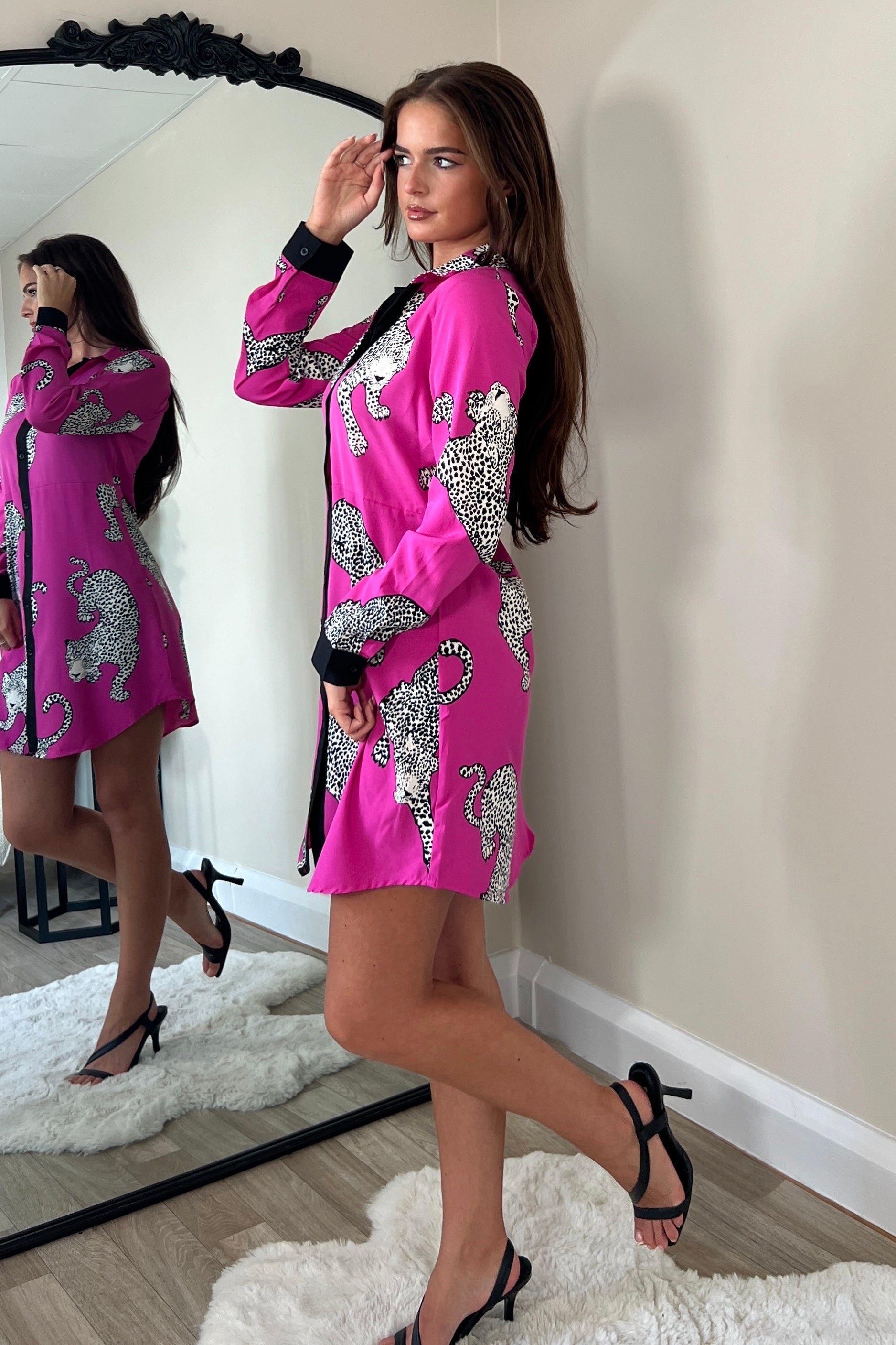 Alana Pink Cheetah Print Mini Shirt Dress