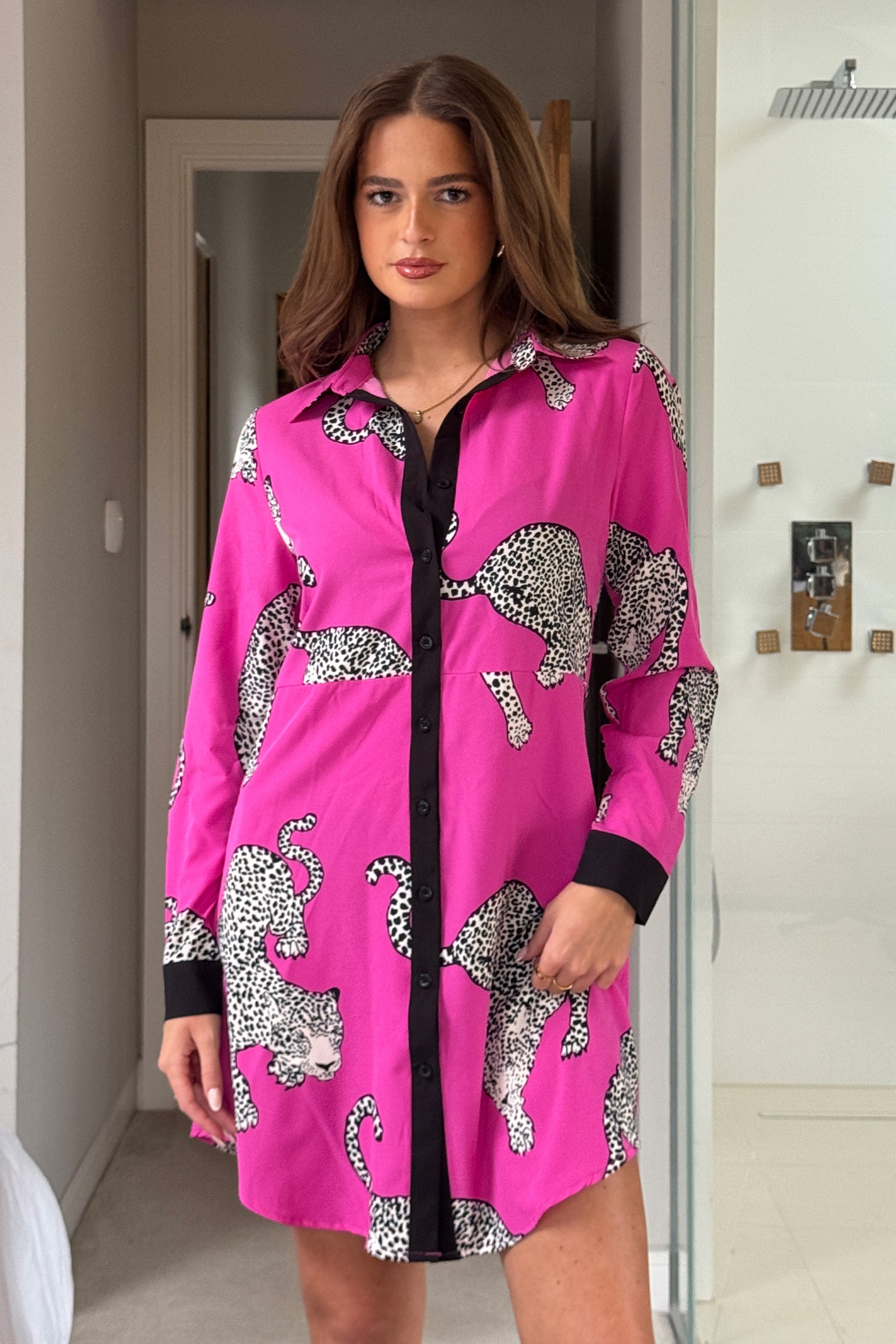 Alana Pink Cheetah Print Mini Shirt Dress Girl In Mind Alana Pink Cheetah Print Mini Shirt Dress Girl In Mind