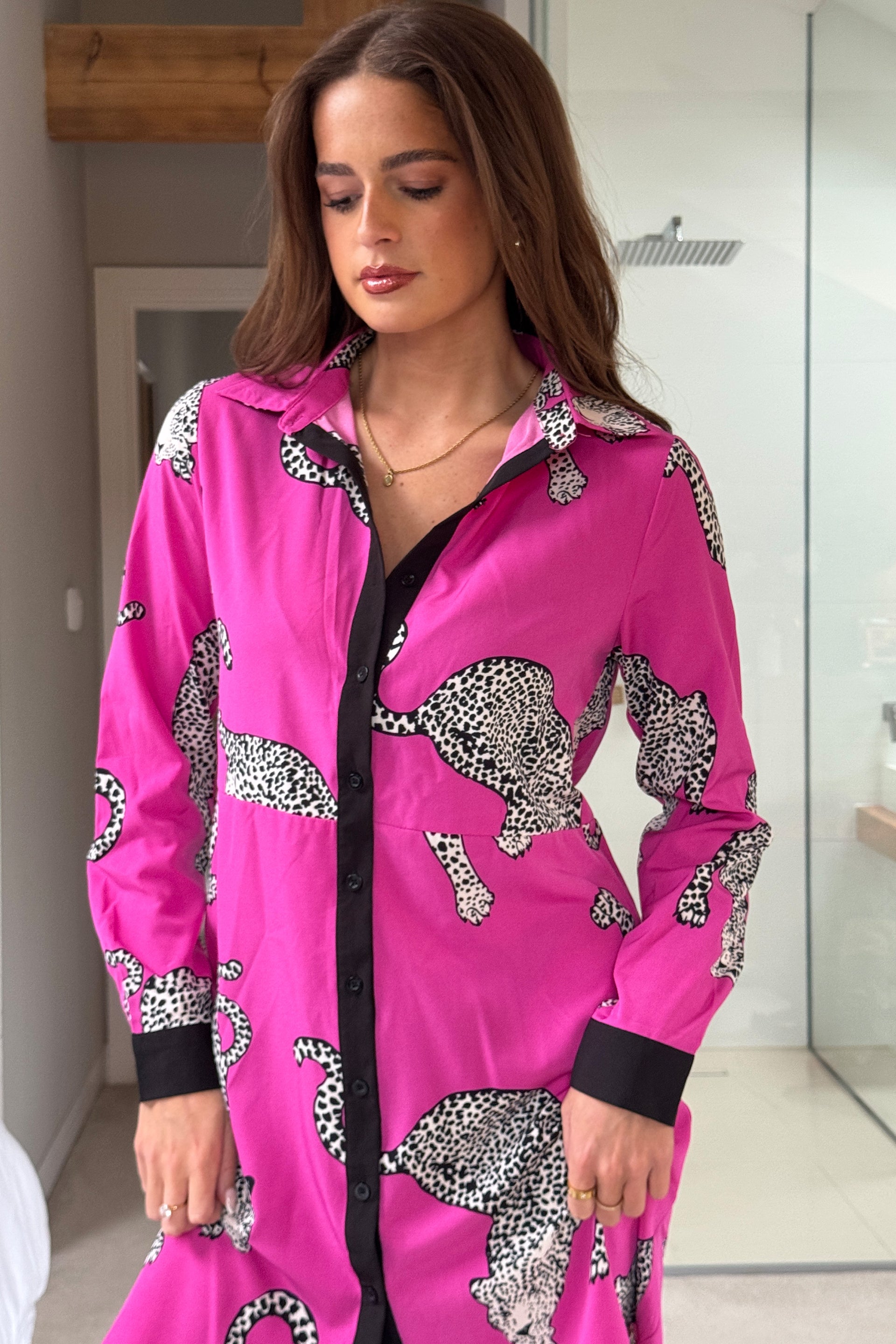 Alana Pink Cheetah Print Mini Shirt Dress