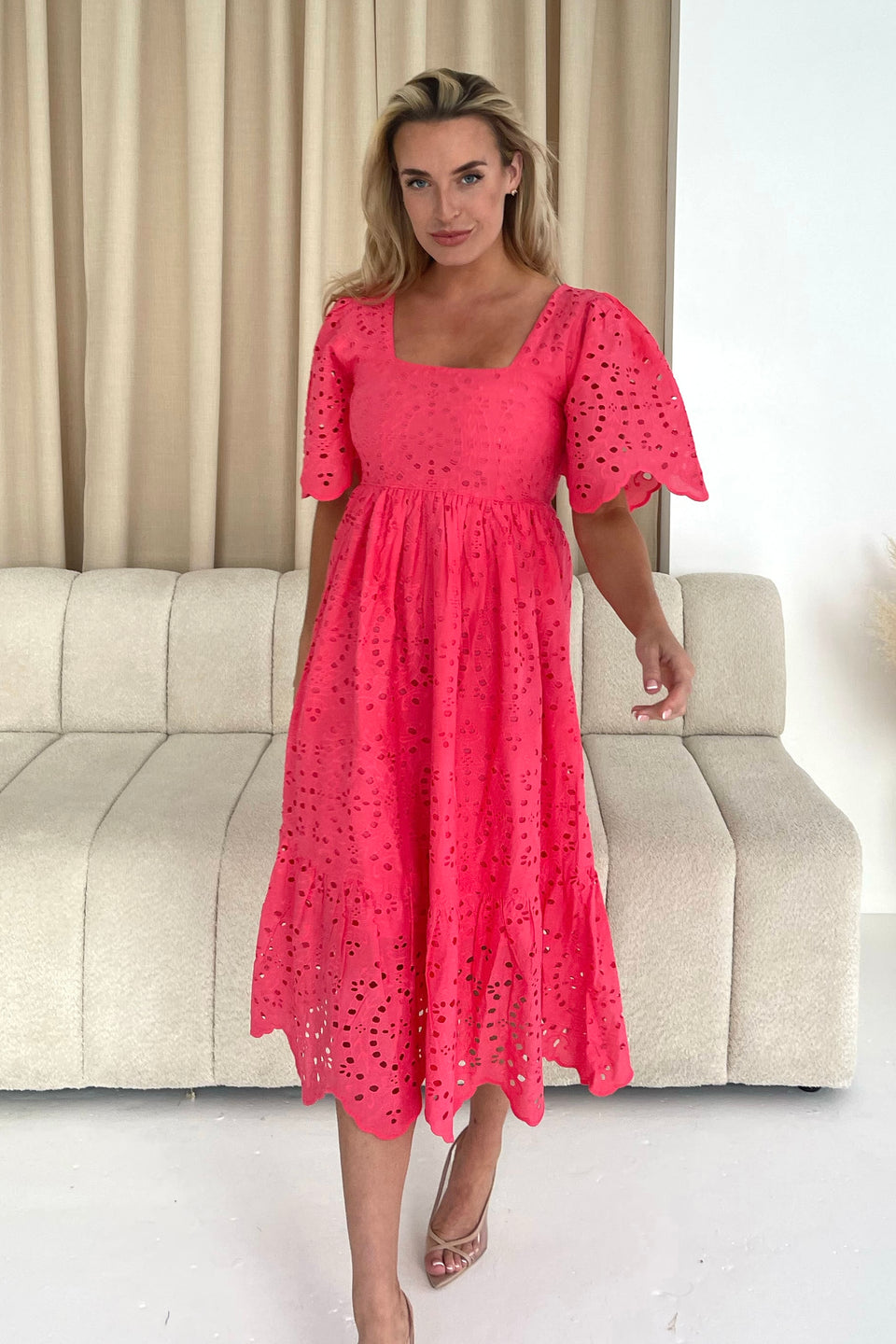 Aspen Broidery Tiered Midaxi Dress Coral