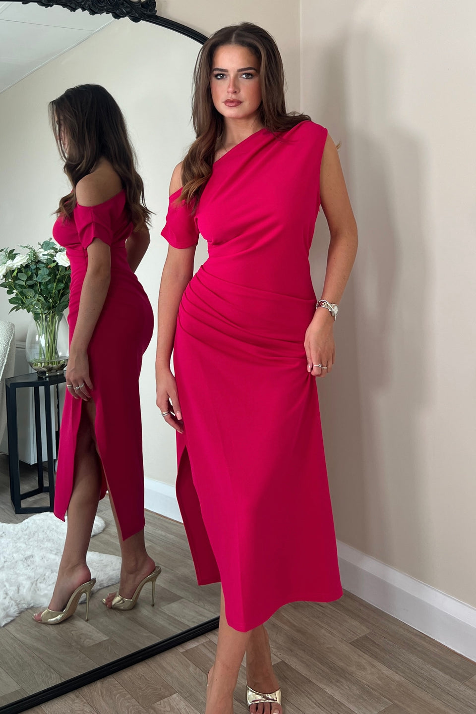 Donna Asymmetric Neckline Midi Dress Pink