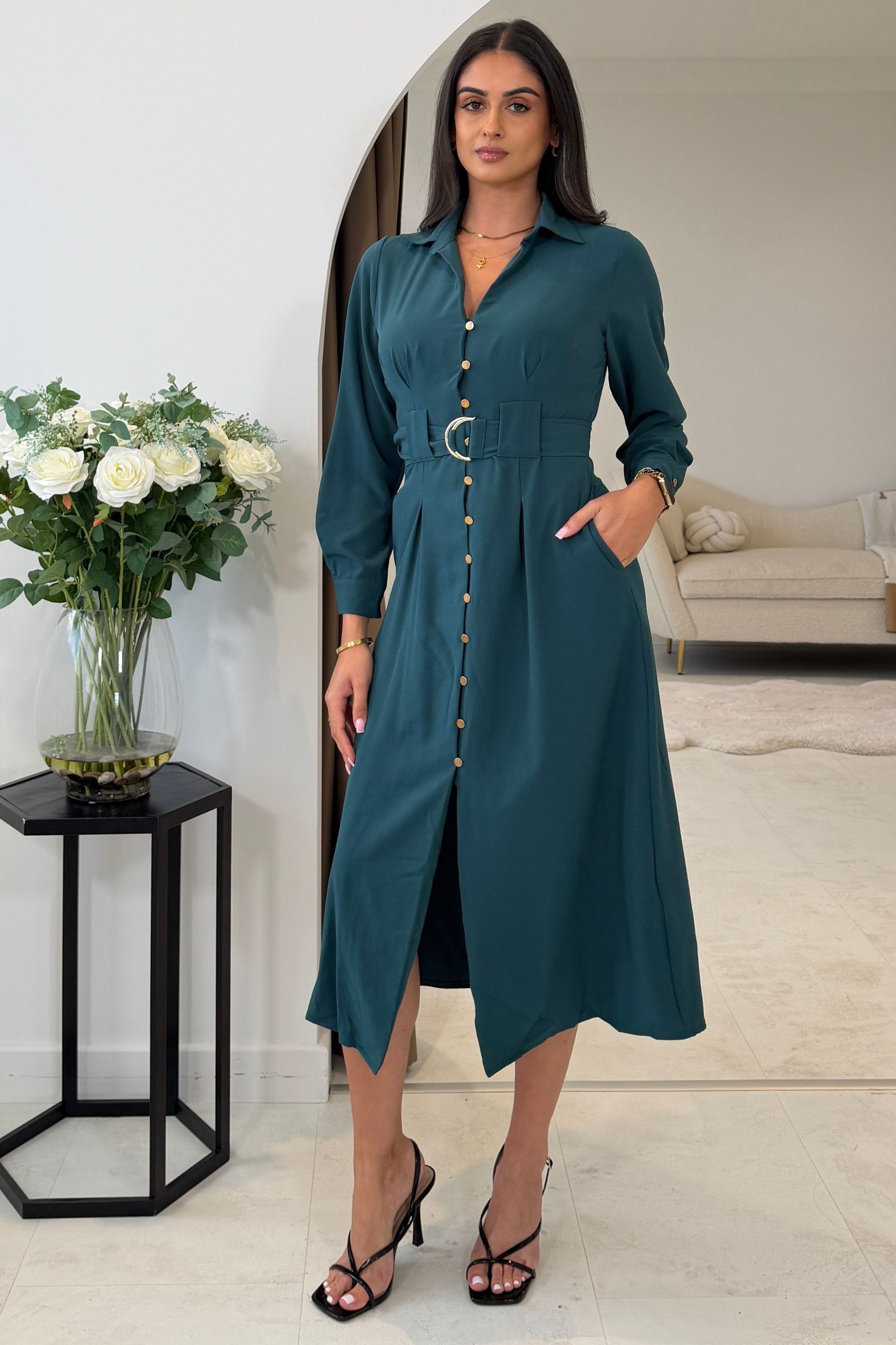 Grace Buckle Detail Emerald Midi Shirt Dress