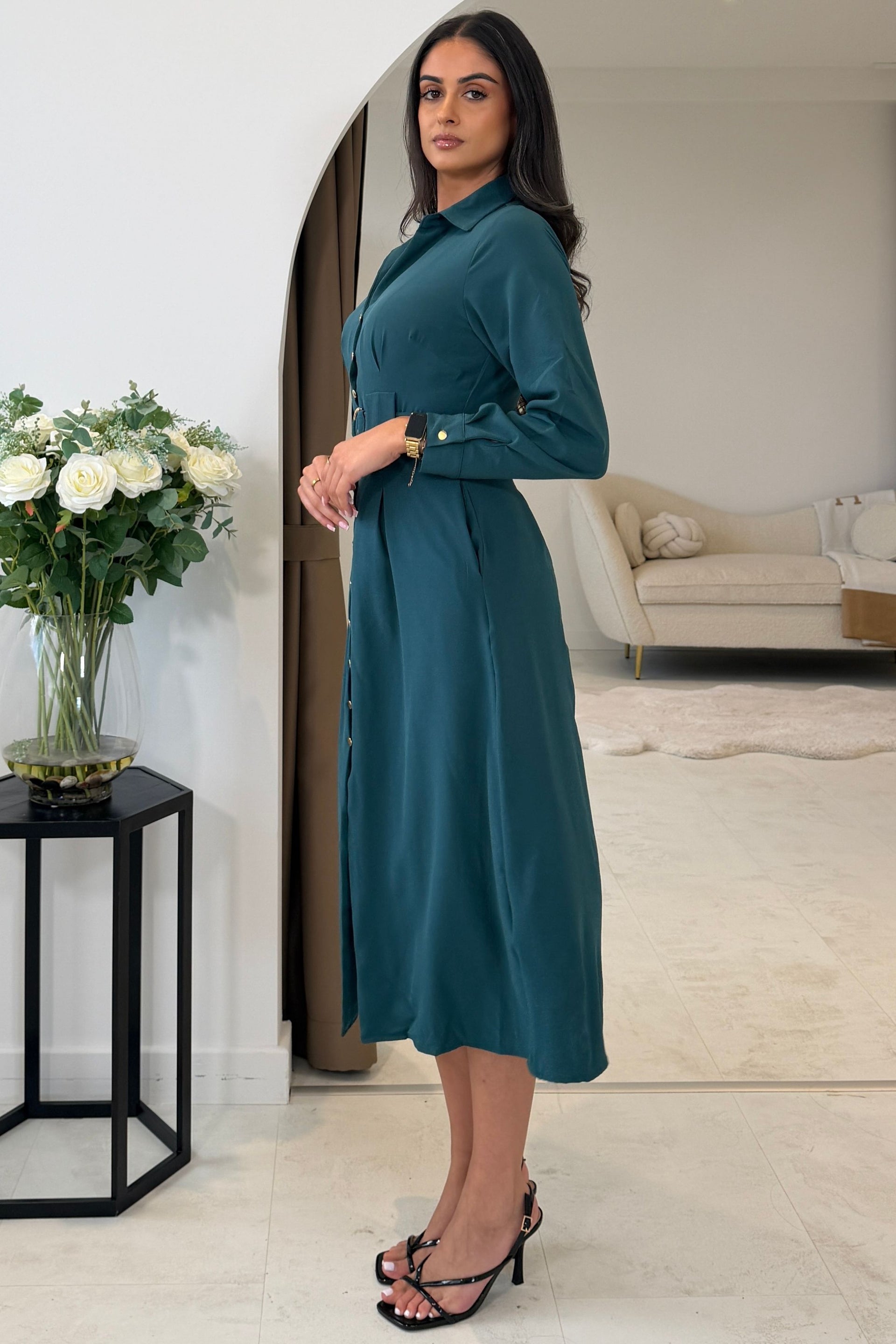 Grace Buckle Detail Emerald Midi Shirt Dress
