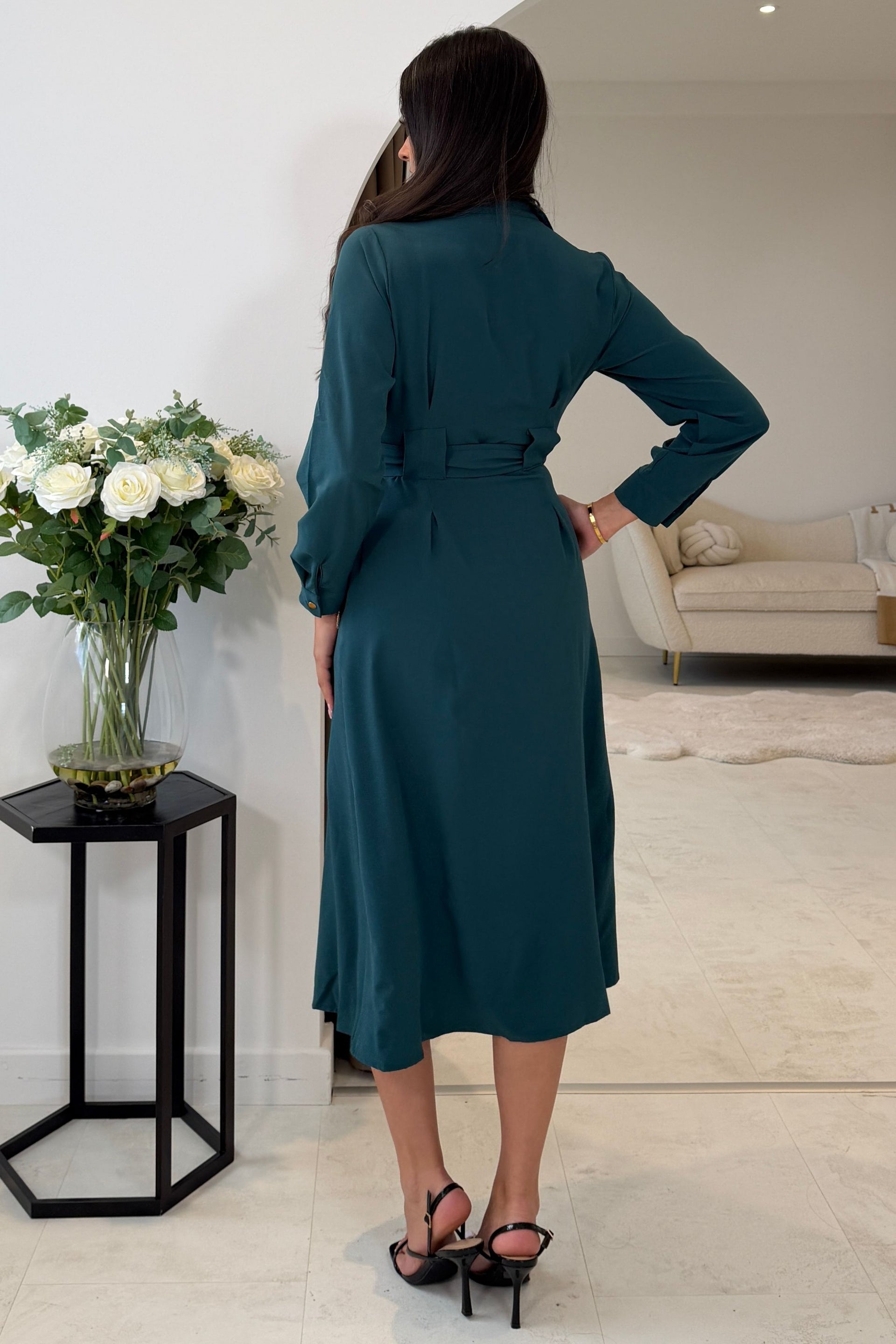 Grace Buckle Detail Emerald Midi Shirt Dress