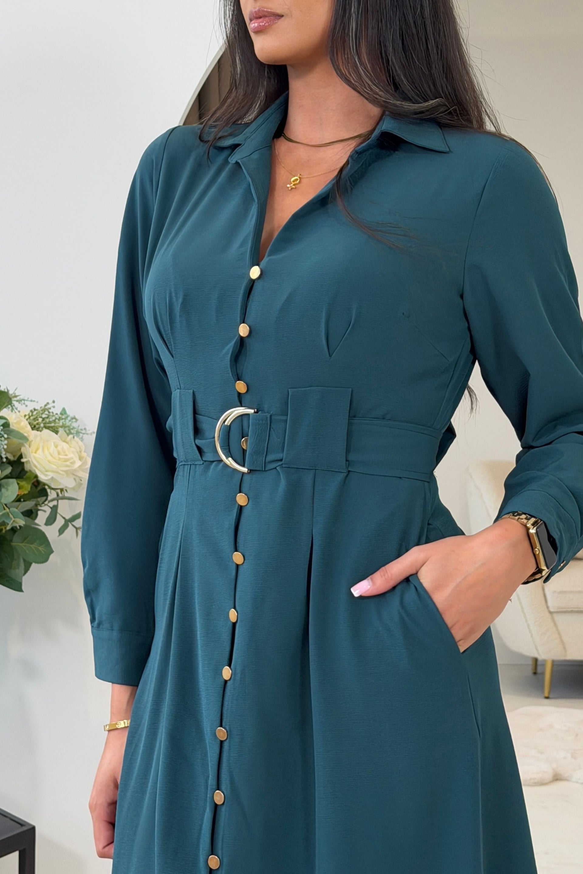 Grace Buckle Detail Emerald Midi Shirt Dress