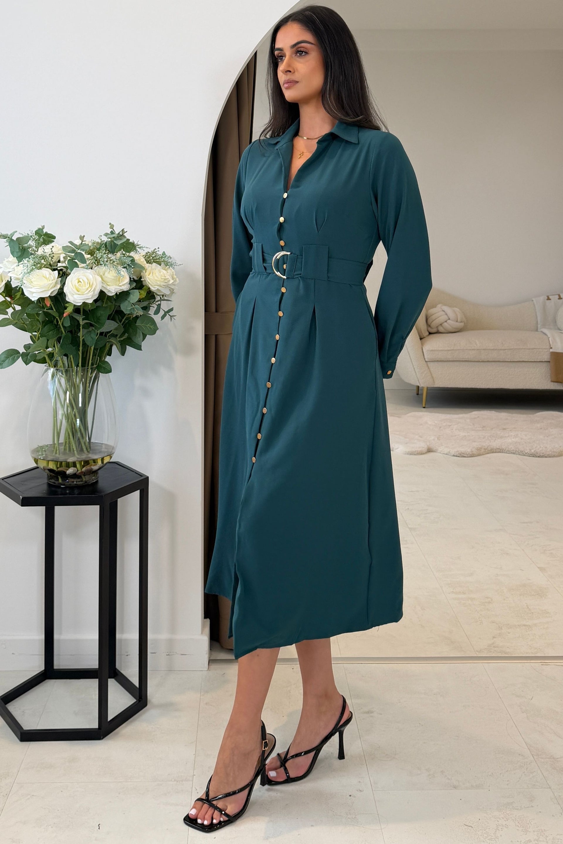 Grace Buckle Detail Emerald Midi Shirt Dress