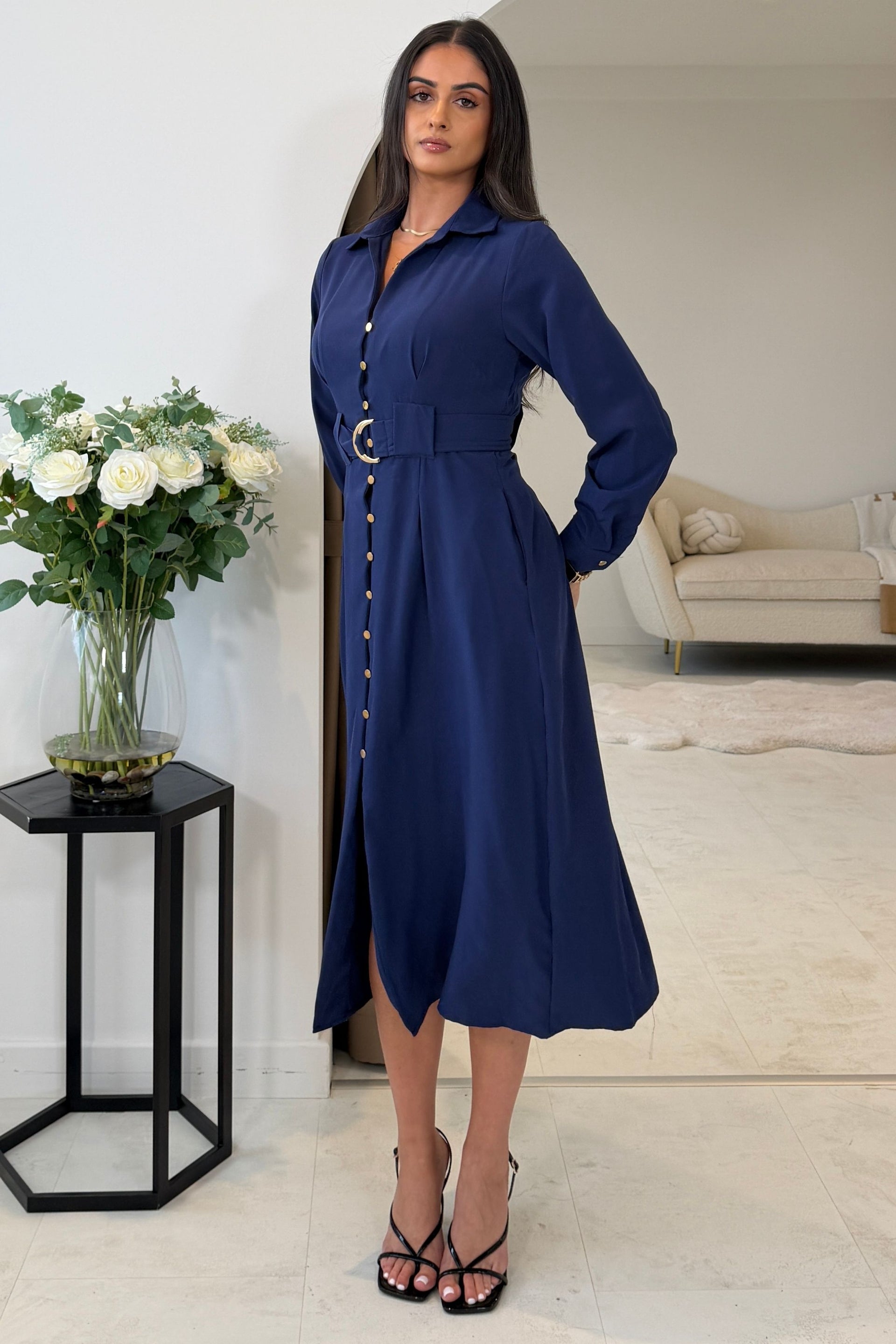 Grace Buckle Detail Navy Midi Shirt Dress