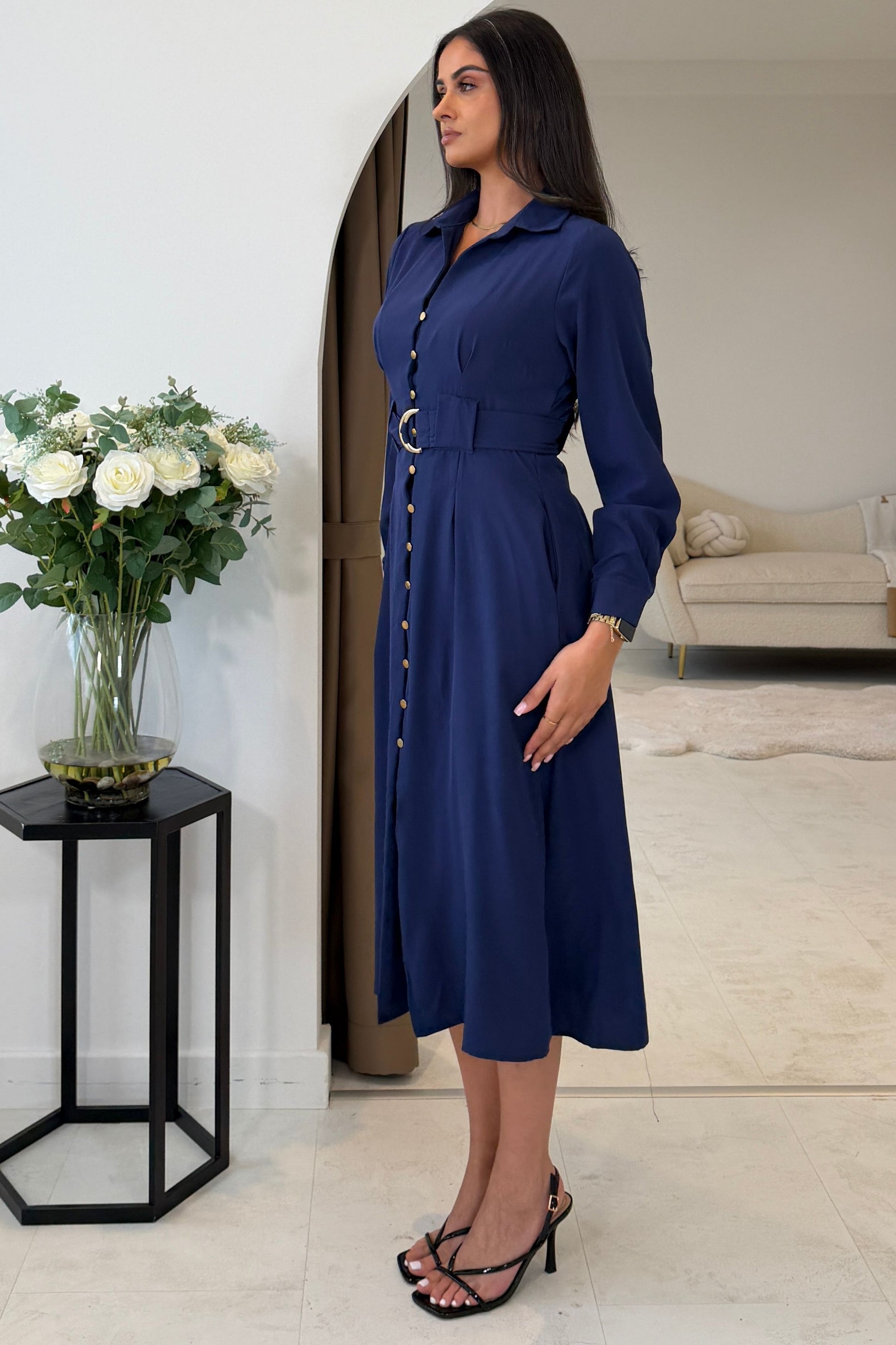 Grace Buckle Detail Navy Midi Shirt Dress