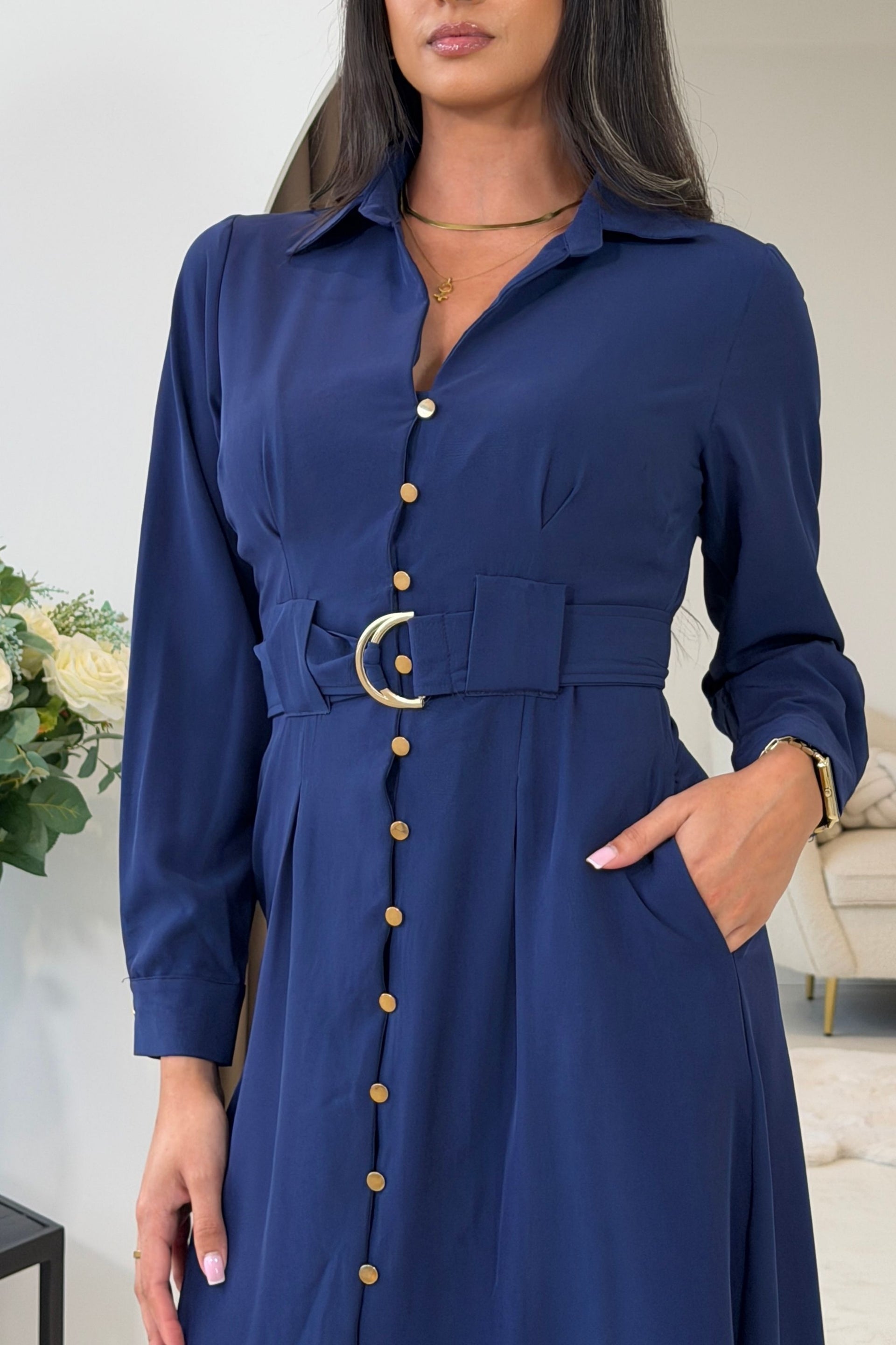 Grace Buckle Detail Navy Midi Shirt Dress