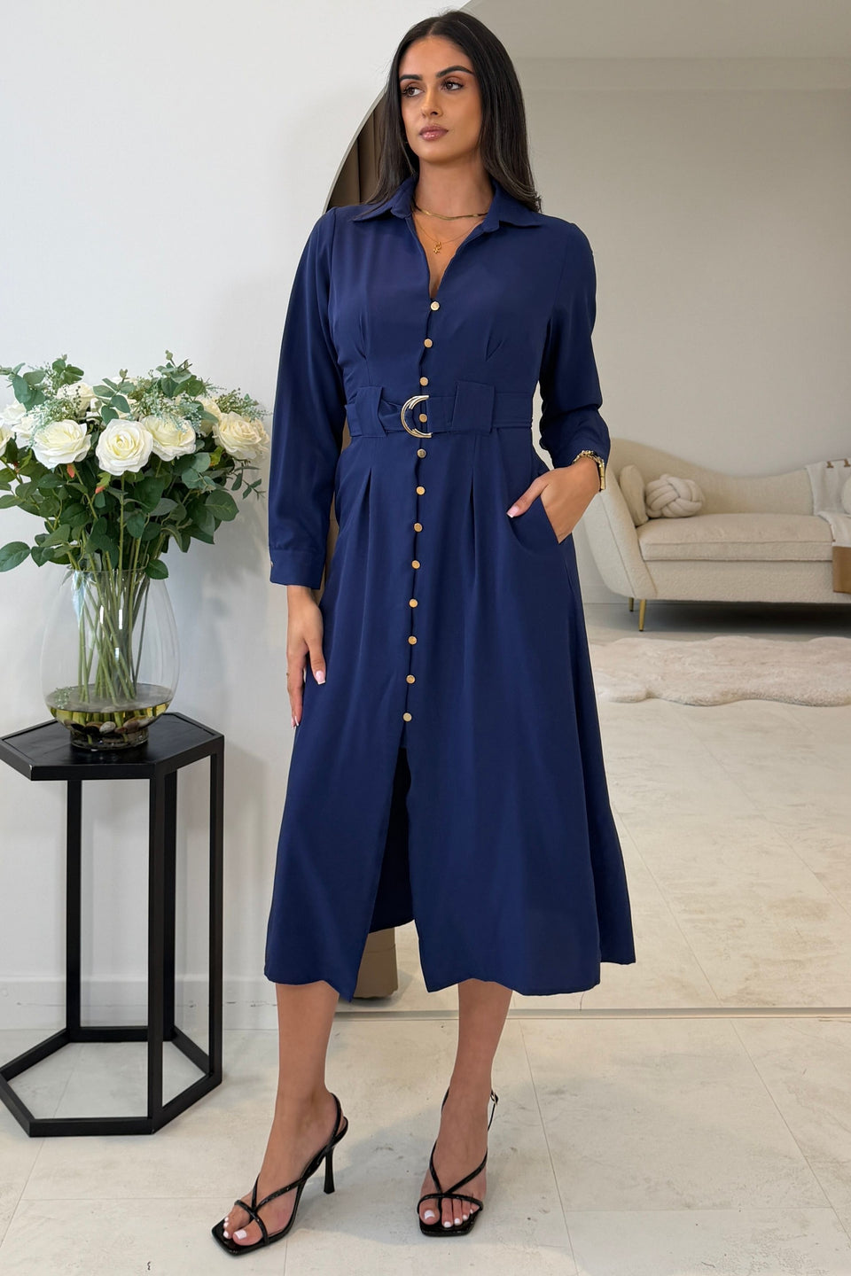 Grace Buckle Detail Navy Midi Shirt Dress