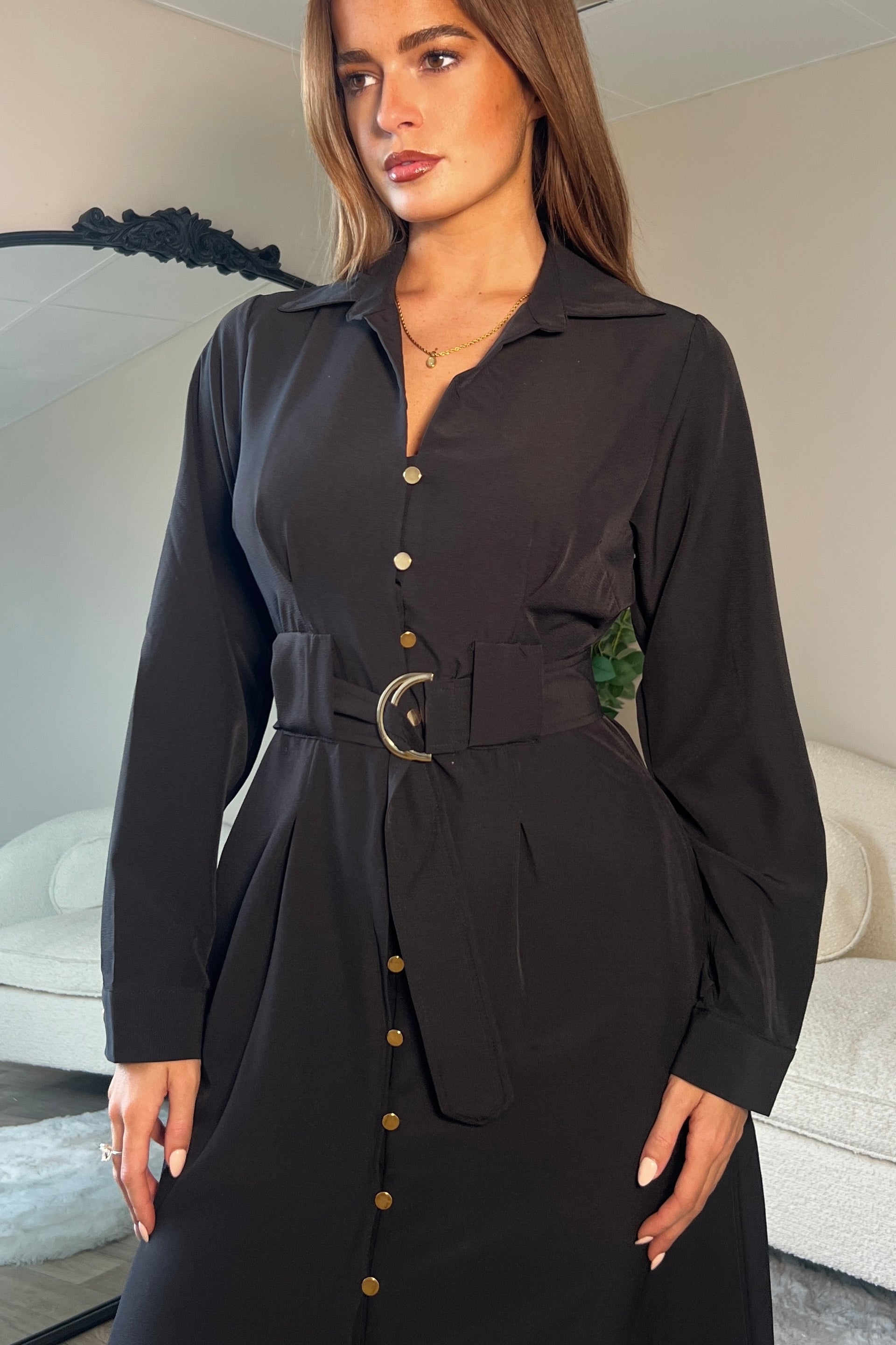 Grace Buckle Detail Black Midi Shirt Dress