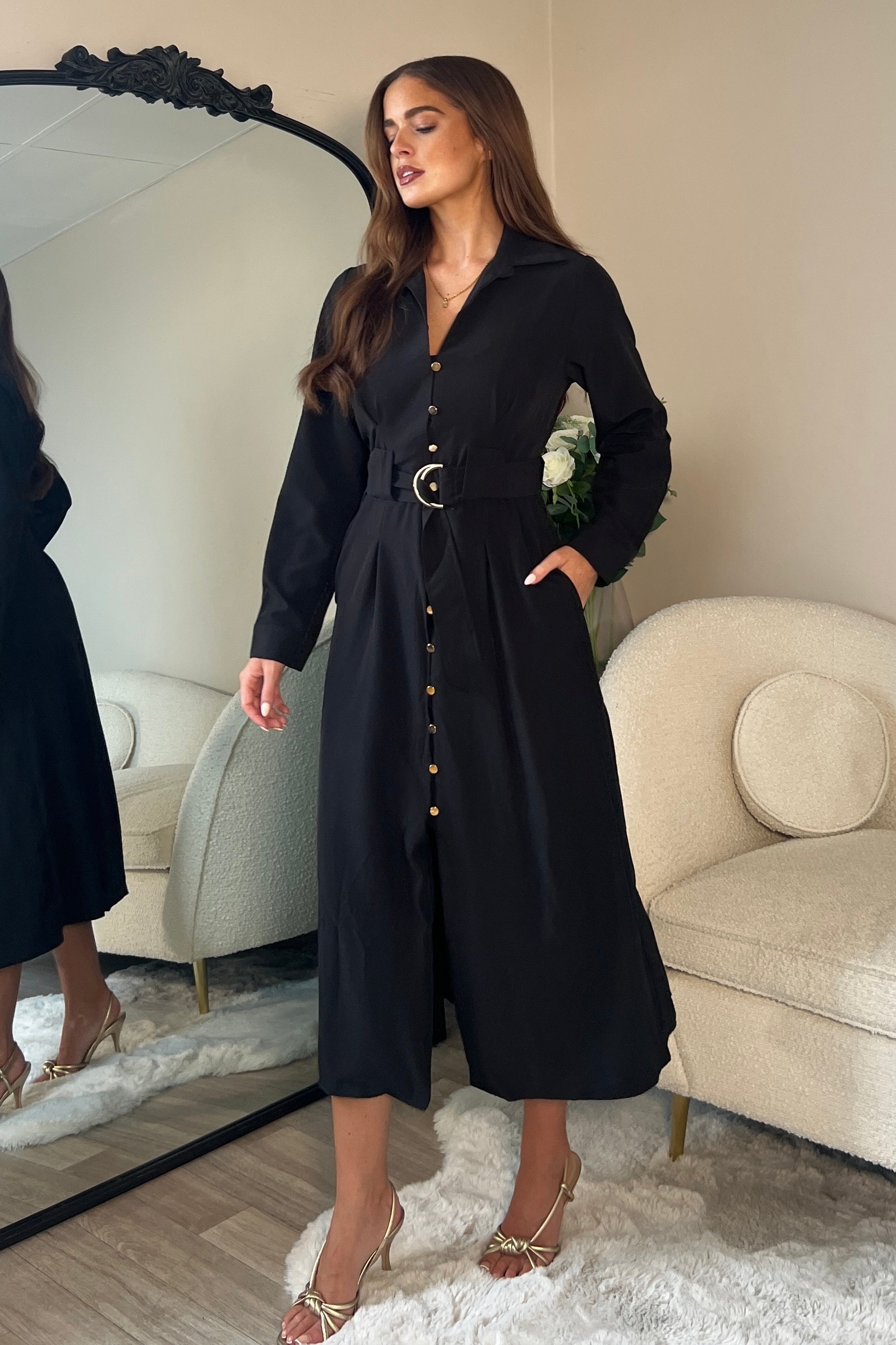 Grace Buckle Detail Black Midi Shirt Dress