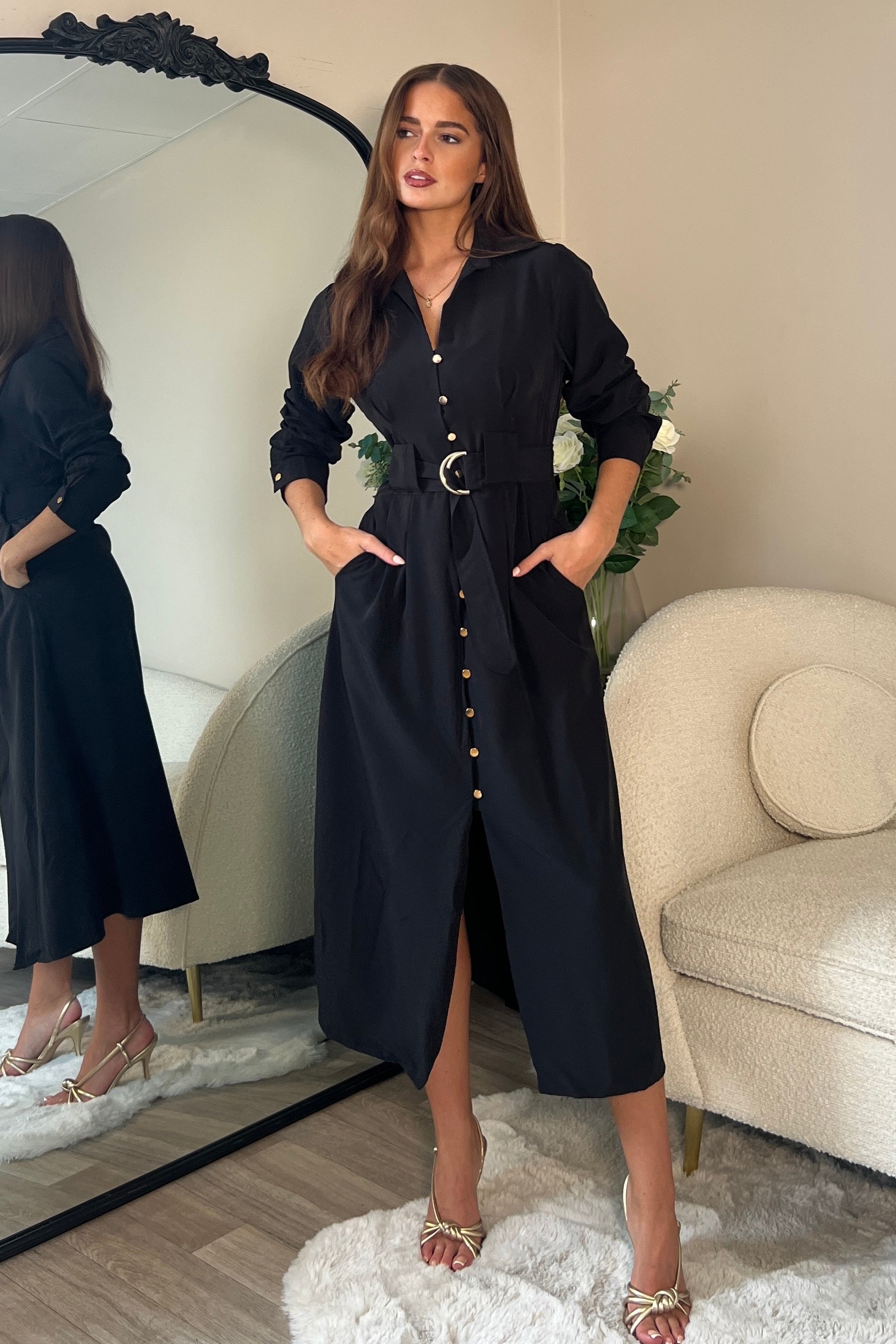 Grace Buckle Detail Black Midi Shirt Dress