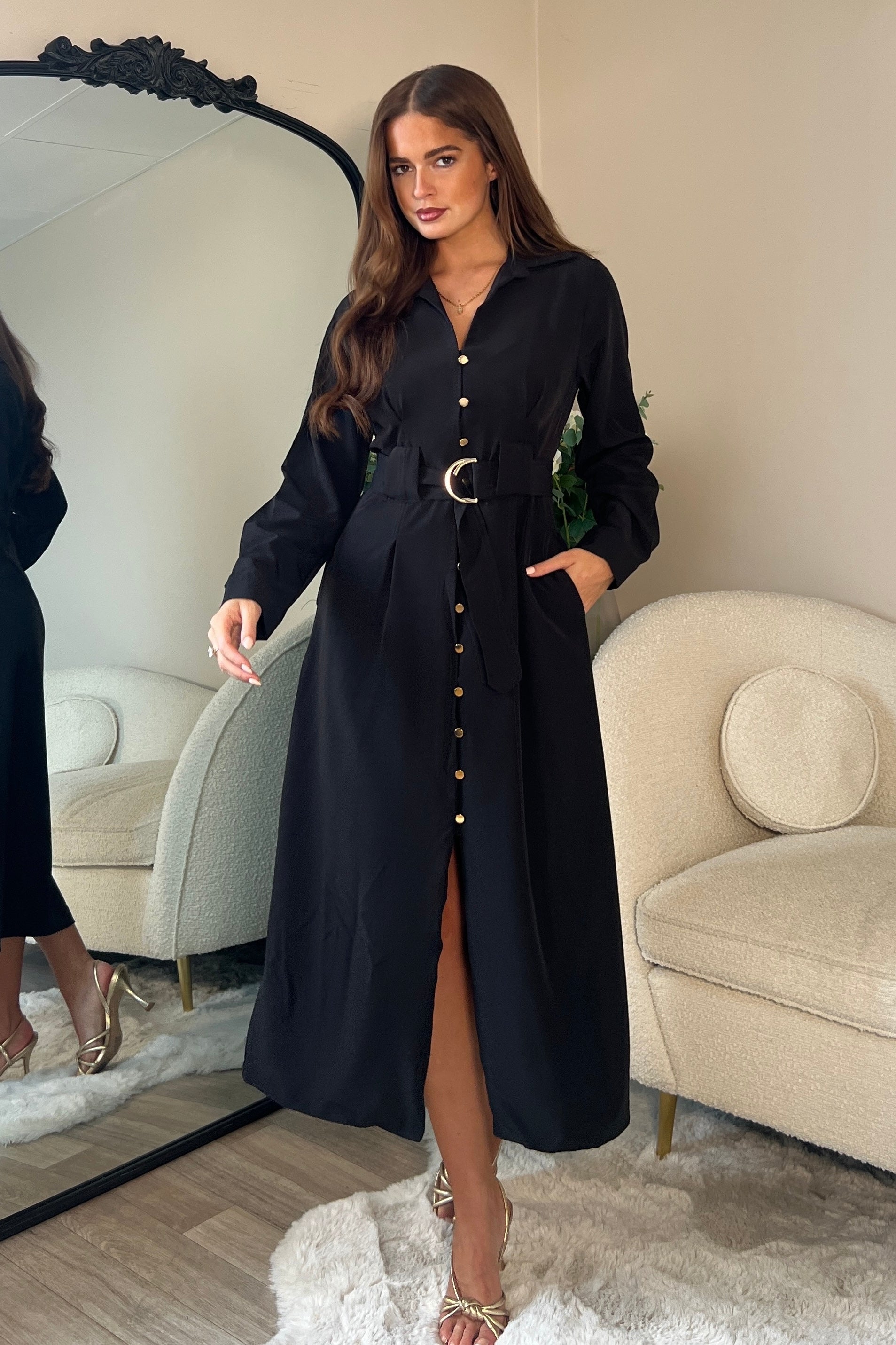 Grace Buckle Detail Black Midi Shirt Dress