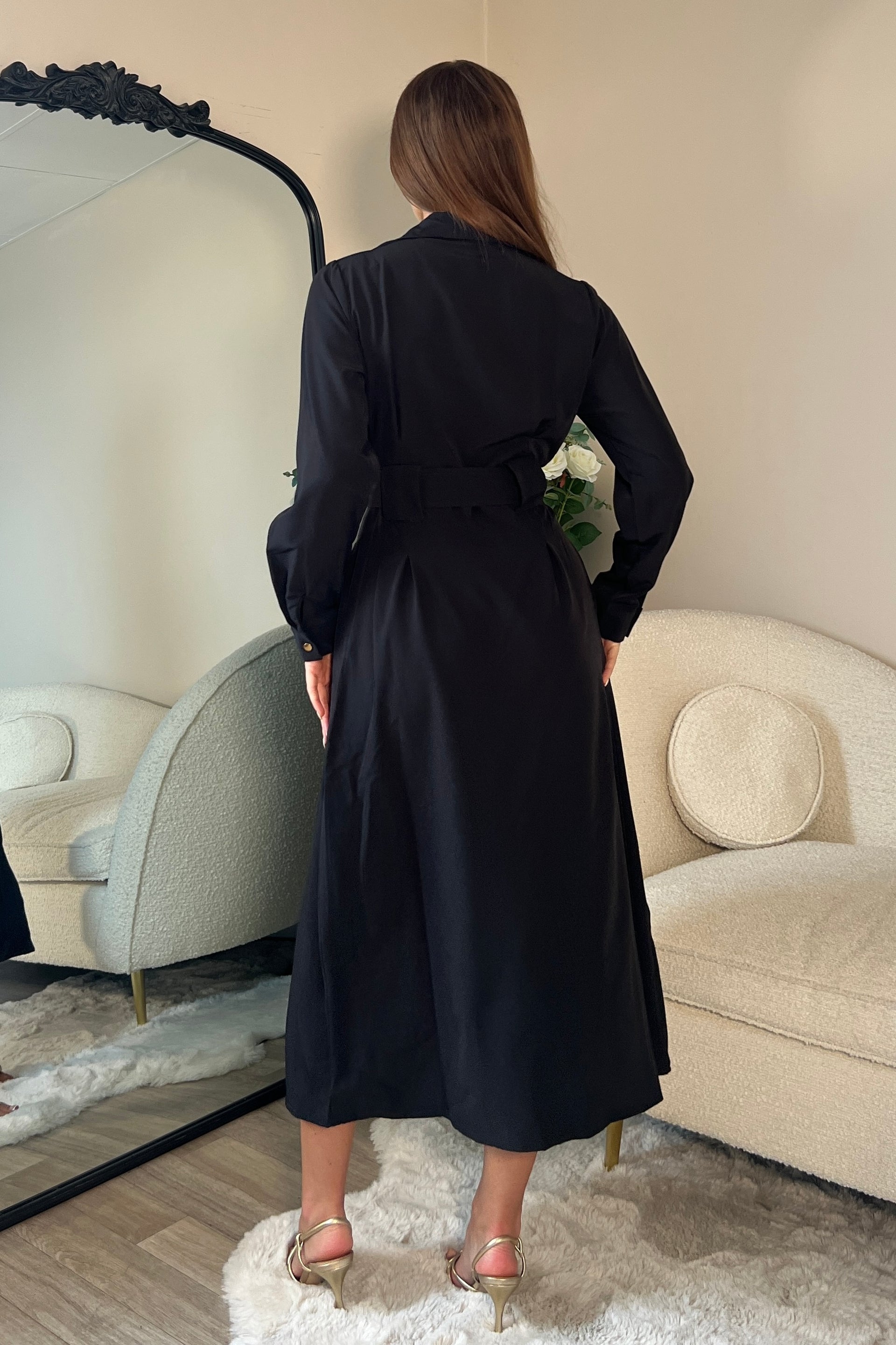 Grace Buckle Detail Black Midi Shirt Dress