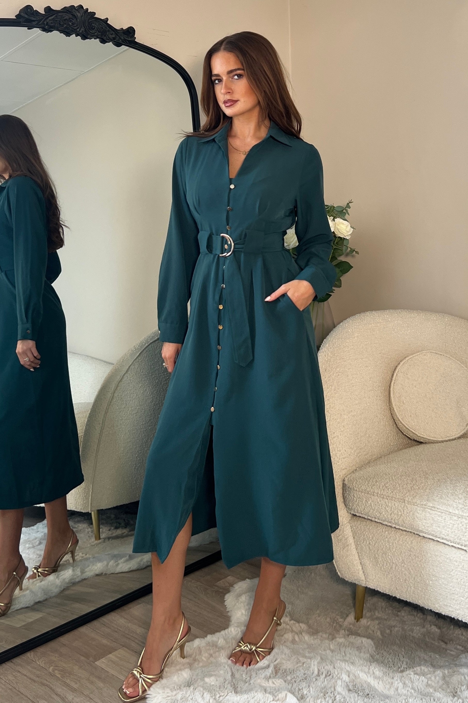 Grace Buckle Detail Emerald Midi Shirt Dress  Girl In Mind
