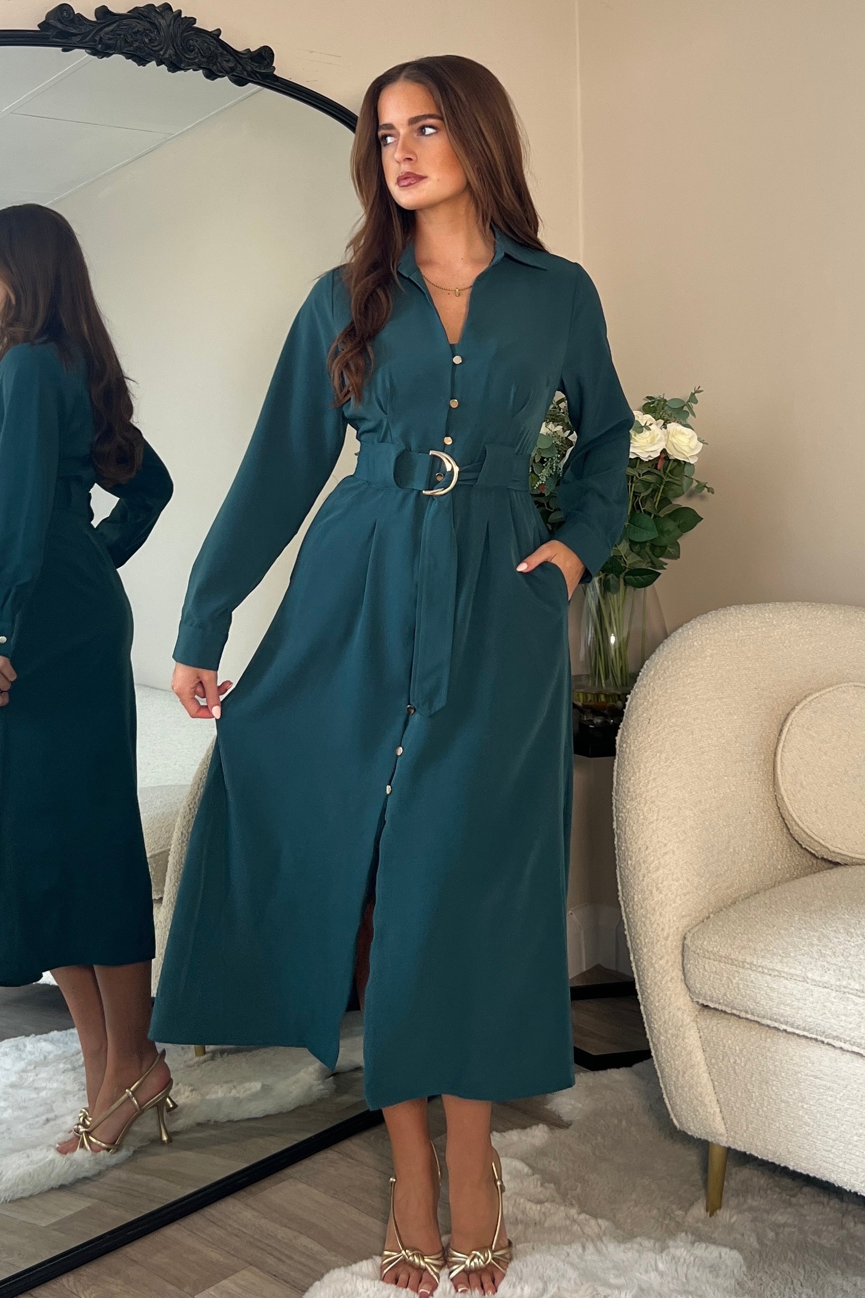Grace Buckle Detail Emerald Midi Shirt Dress Girl In Mind Grace Buckle Detail Emerald Midi Shirt Dress Girl In Mind