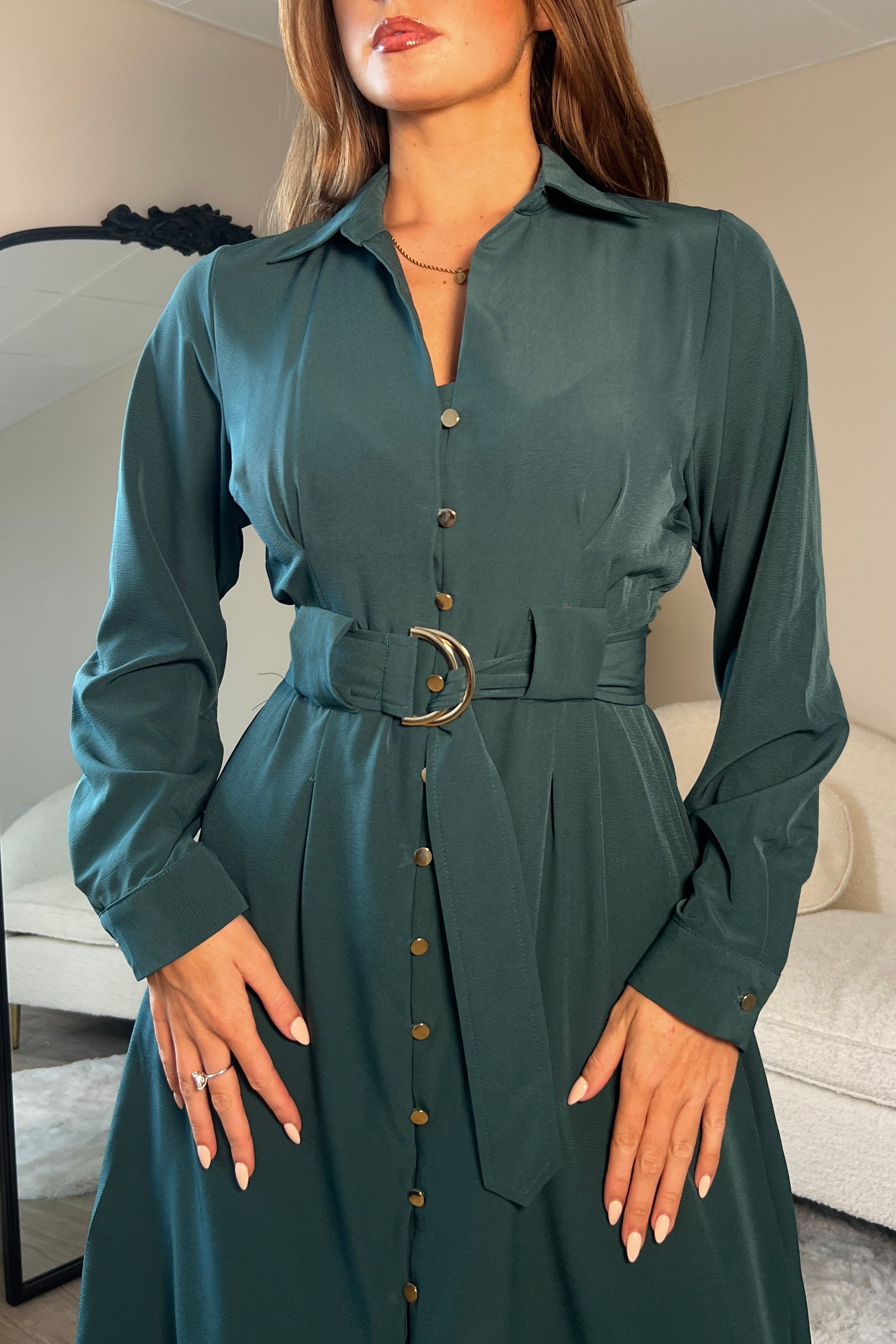 slim fit dress slacks Grace Buckle Detail Emerald Midi Shirt Dress – Girl In Mind