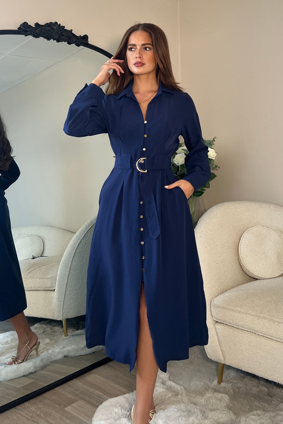 Grace Buckle Detail Navy Midi Shirt Dress