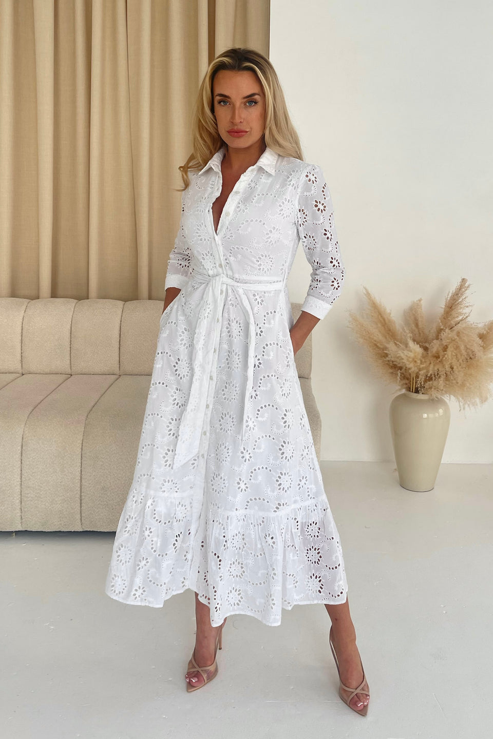 Michelle Broidery Shirt Maxi Dress White