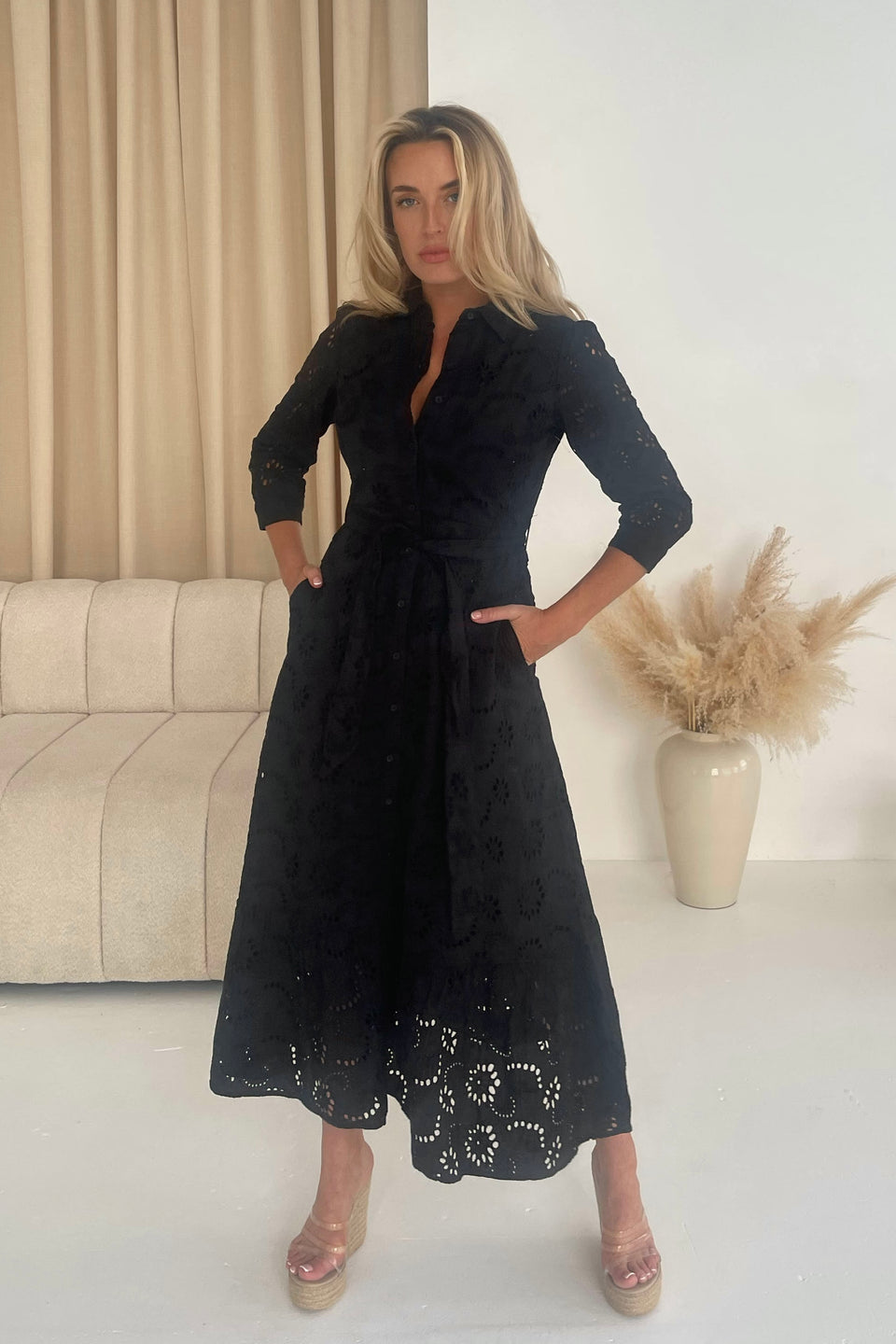 Michelle Broidery Shirt Maxi Dress Black